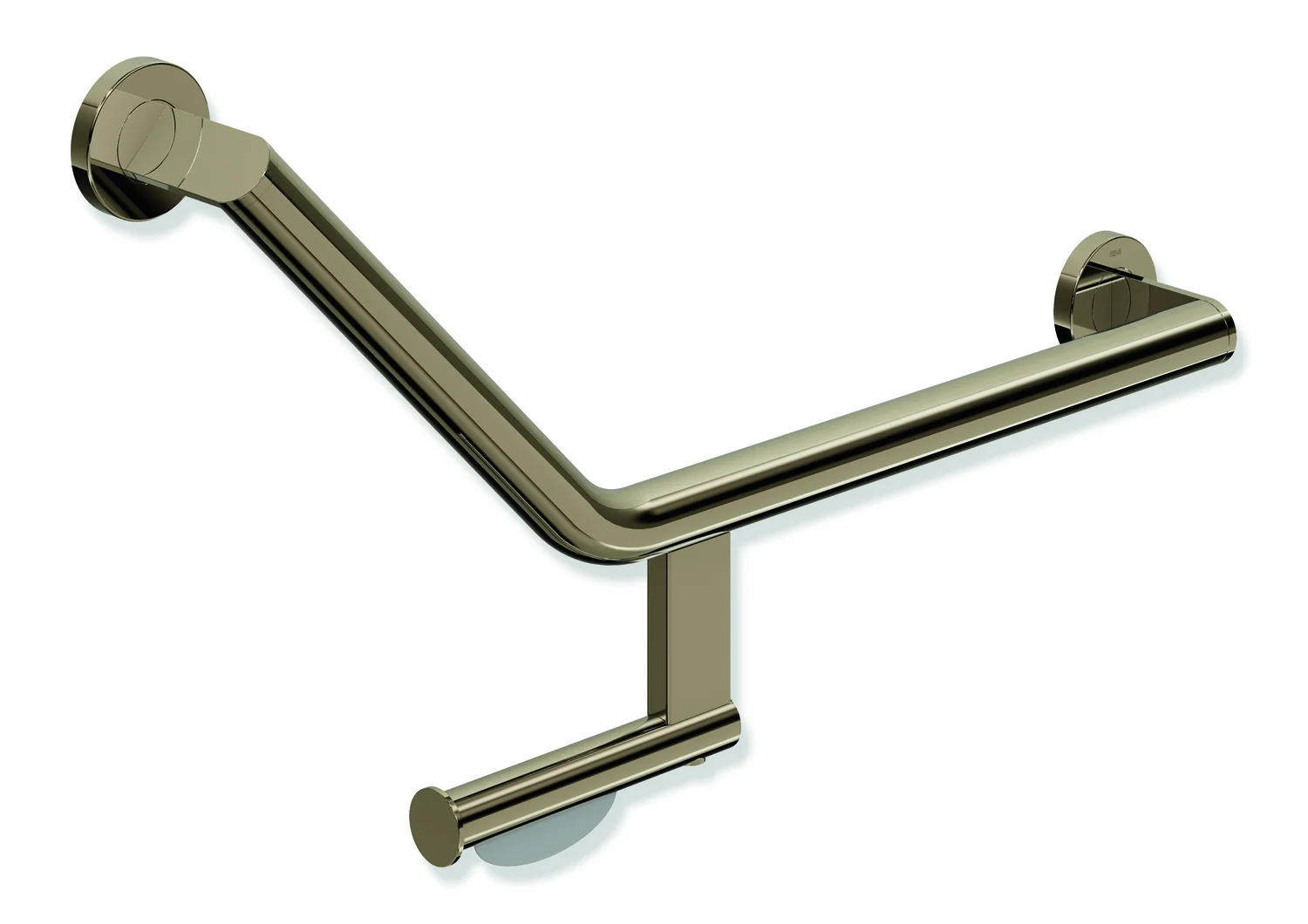 HEWI Winkelgriff mit WC-Papierrollenhalter, System 900, Edelstahl PVD bronze glänzend, Achsmaße 620 mm und 283 mm, Winkel 135°, Ausführung rechts
