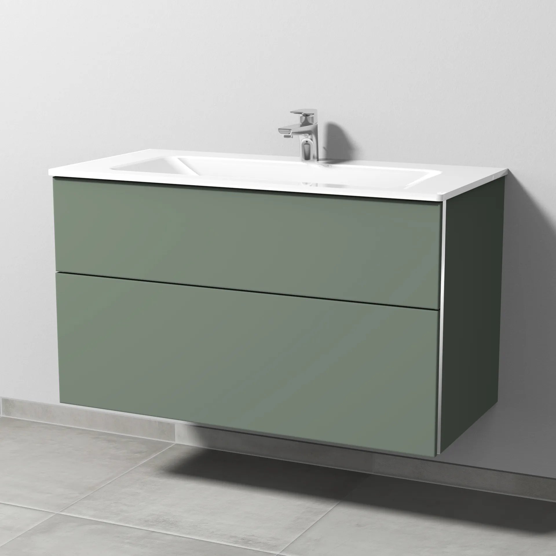 Sanipa Glas-Waschtisch-Waschtischunterschrank mit Waschtischunterschrank „3way“ 1000 × 582 × 487 mm in Soft-Green, mit Hahnlochbohrung