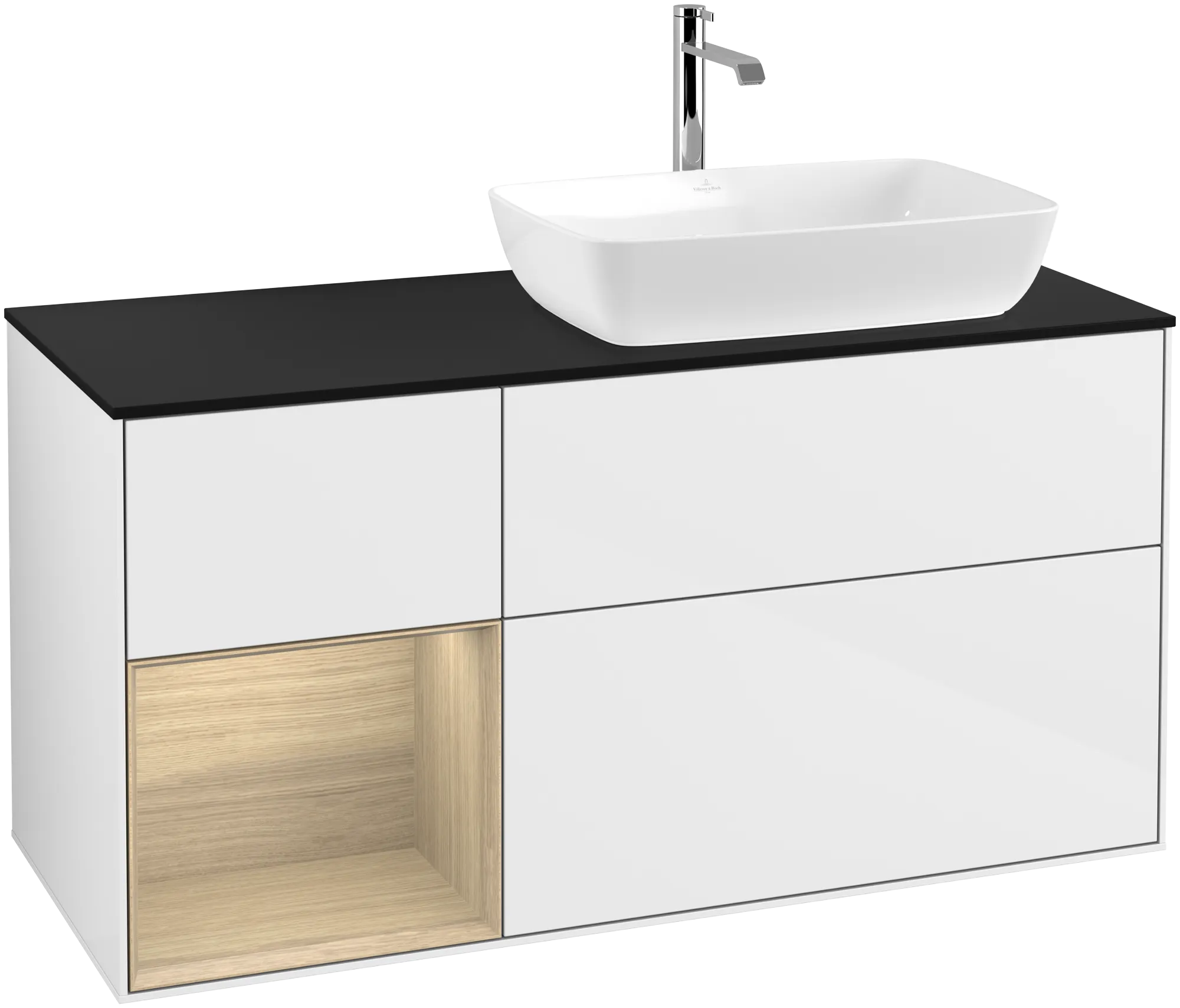 Villeroy & Boch Finion Waschbeckenunterschrank G80 1200x603x501mm Glossy White Lacquer / Oak Veneer / Glass Black Matt