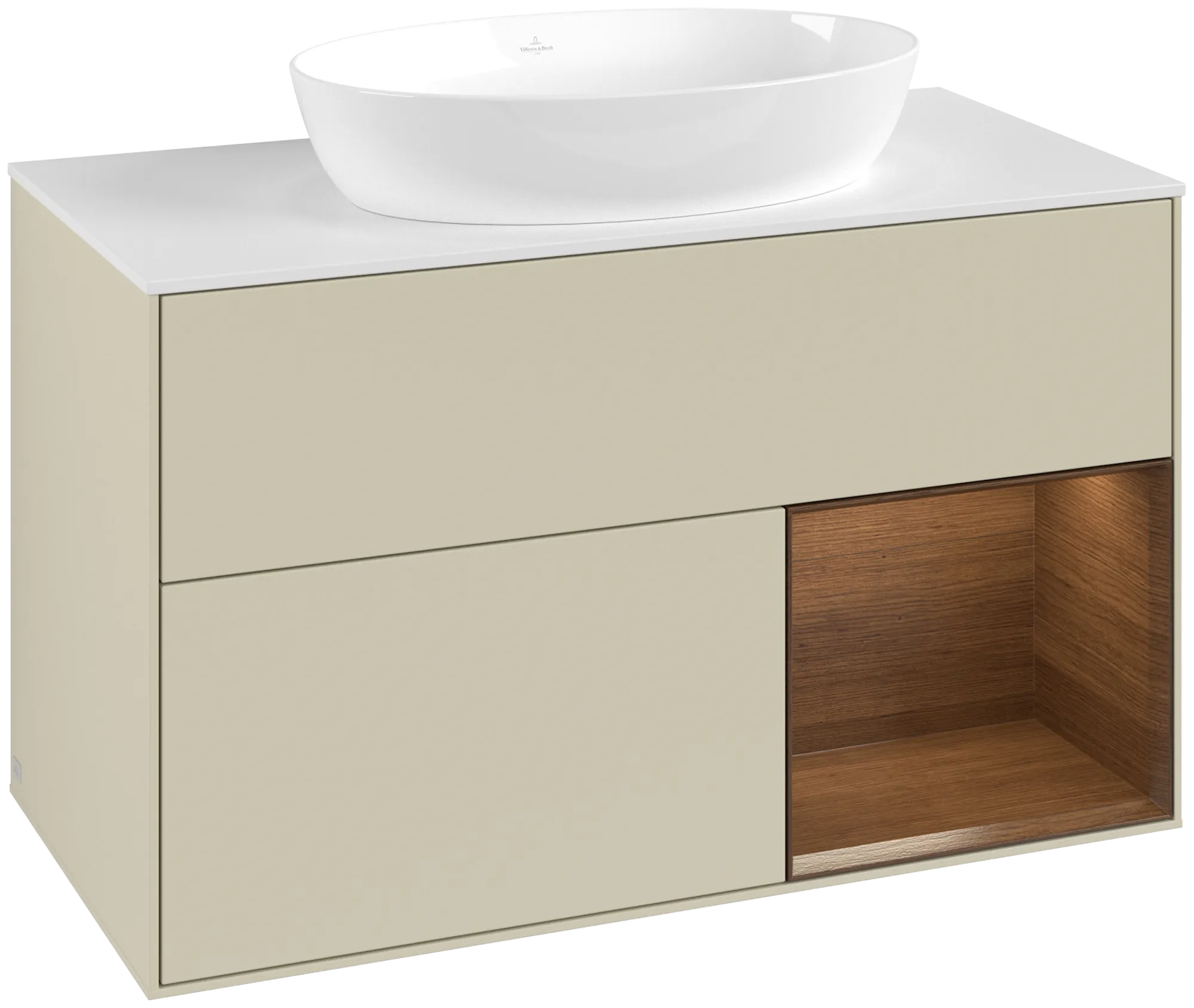 Villeroy & Boch Finion Waschbeckenunterschrank GA2, 1000 x 603 x 501 mm, Silk Grey Matt Lacquer / Walnut Veneer / Glass White Matt