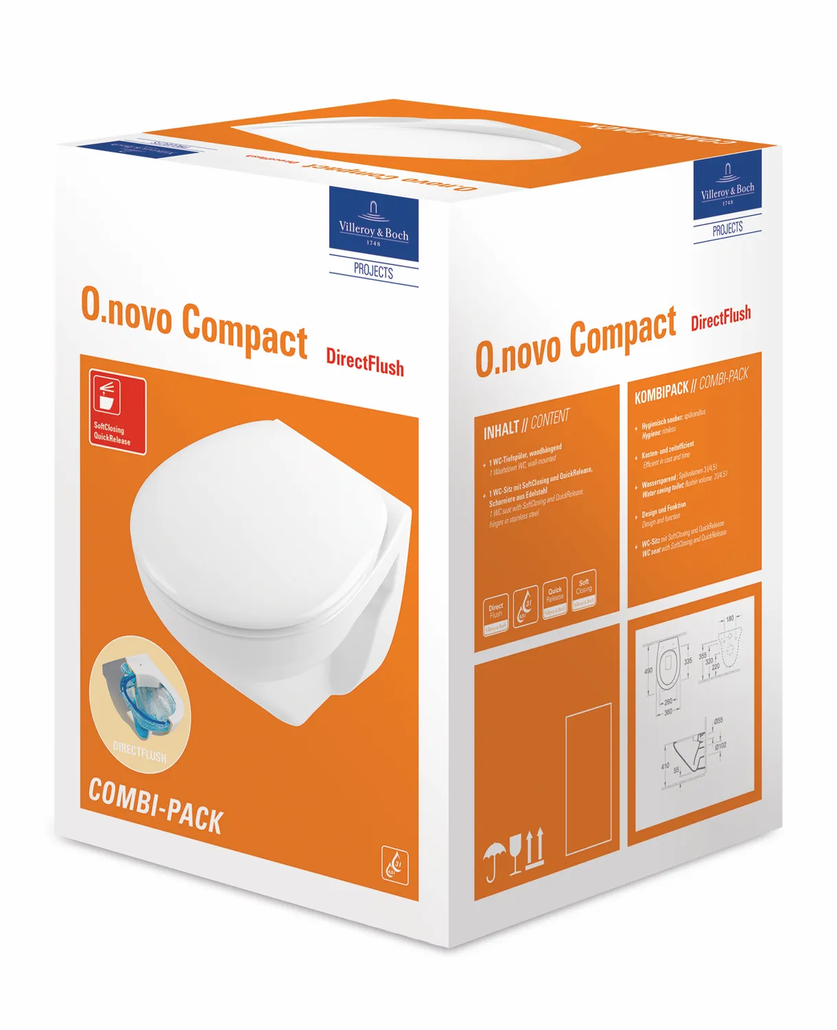 Wand-Tiefspül-WC Combi-Pack DirectFlush „O.novo“ Compact 36 × 38 cm in Weiß Alpin, ohne Spülrand