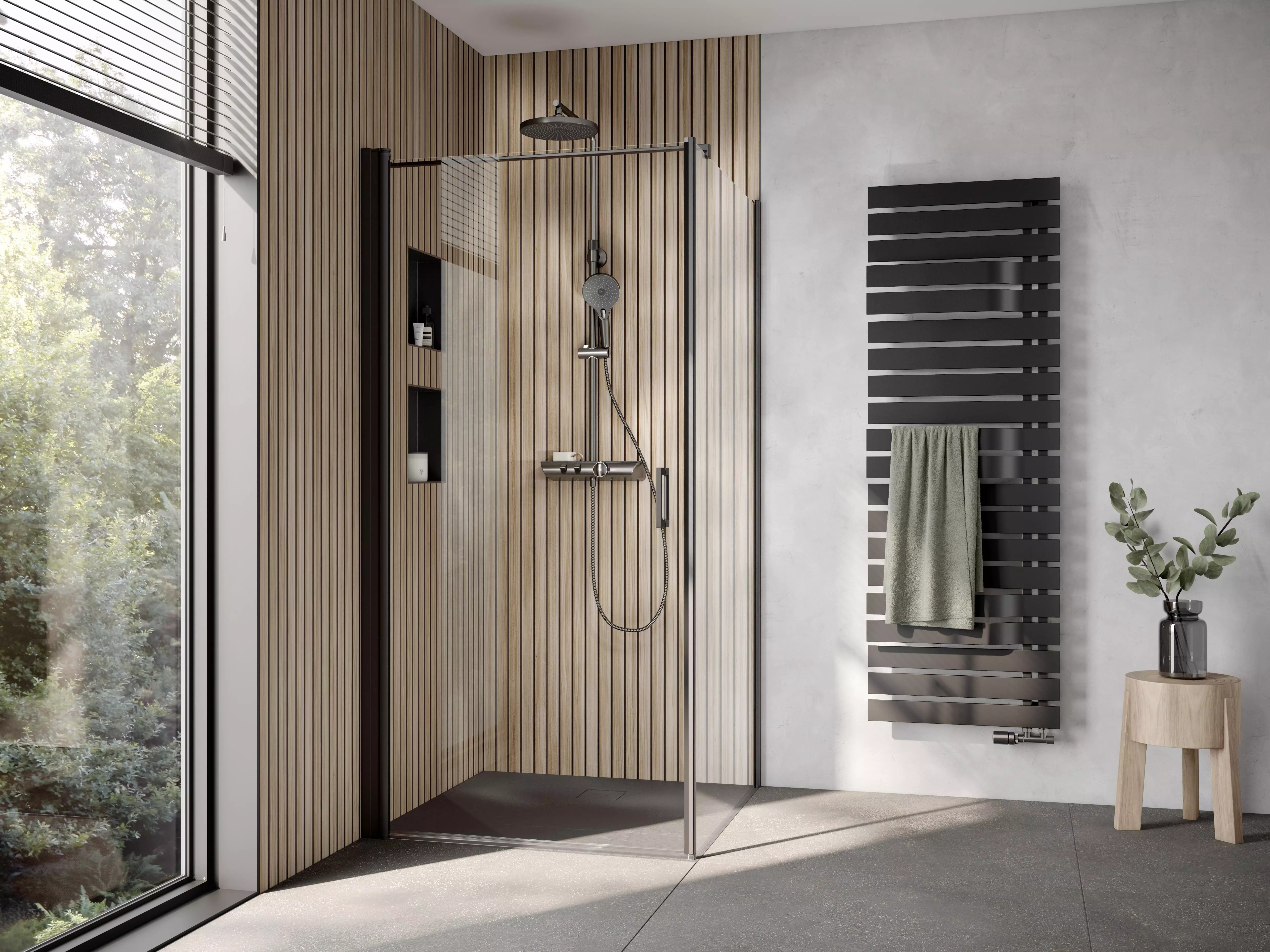 HSK teilgerahmte Seitenwand „Exklusiv 2.0“ 90 × 200 cm Glas Nebel, Profile Chromoptik (Alu Hochglanz poliert)