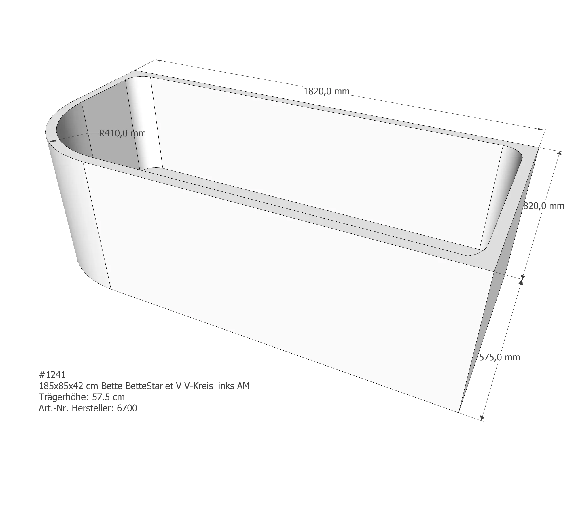 Badewannenträger für Bette Starlet V links 185 × 85 × 42 cm Breite: 85 cm / Länge: 185 cm Badewannenträger für Bette Starlet V links 185 × 85 × 42 cm Breite: 85 cm / Länge: 185 cm