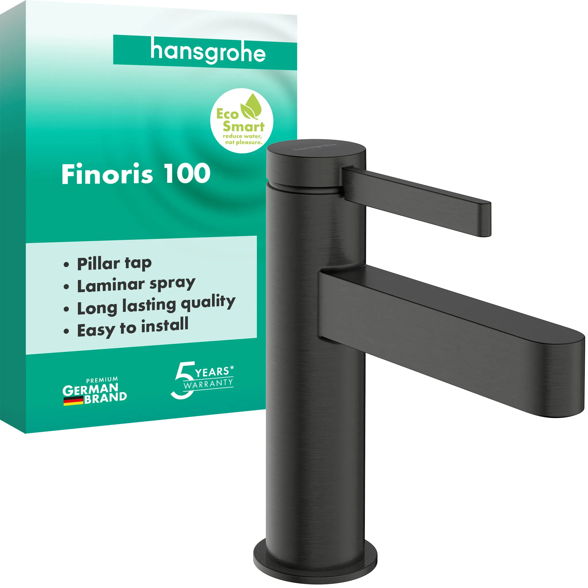 Hansgrohe Finoris Standventil 100, Hebelgriff, Brushed Black Chrome, Auslaufhöhe 92 mm, DN15, G 3/8 Anschlussschlauch
