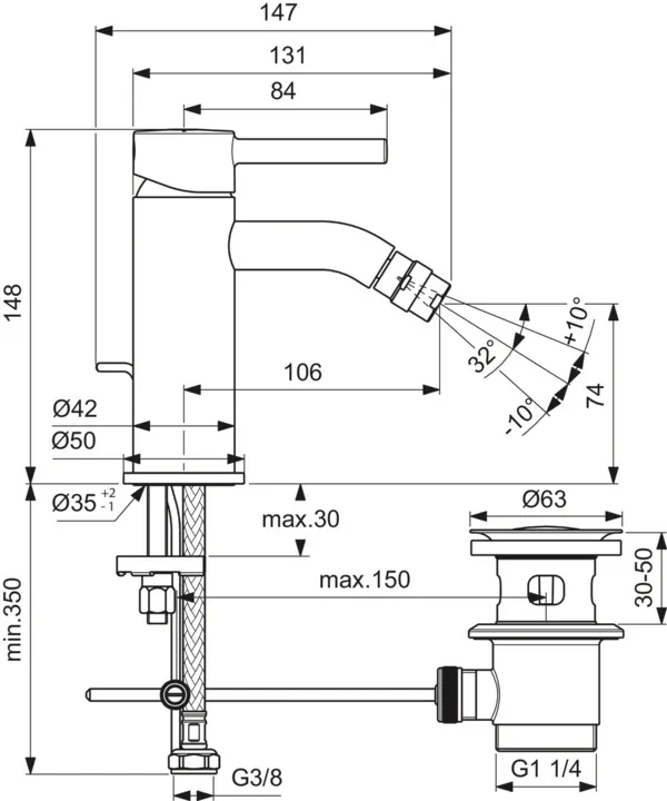 Bidetarmatur Ceraline, mit Ablaufgarnitur, Ausladung 106mm, Chrom Bidetarmatur Ceraline, mit Ablaufgarnitur, Ausladung 106mm, Chrom