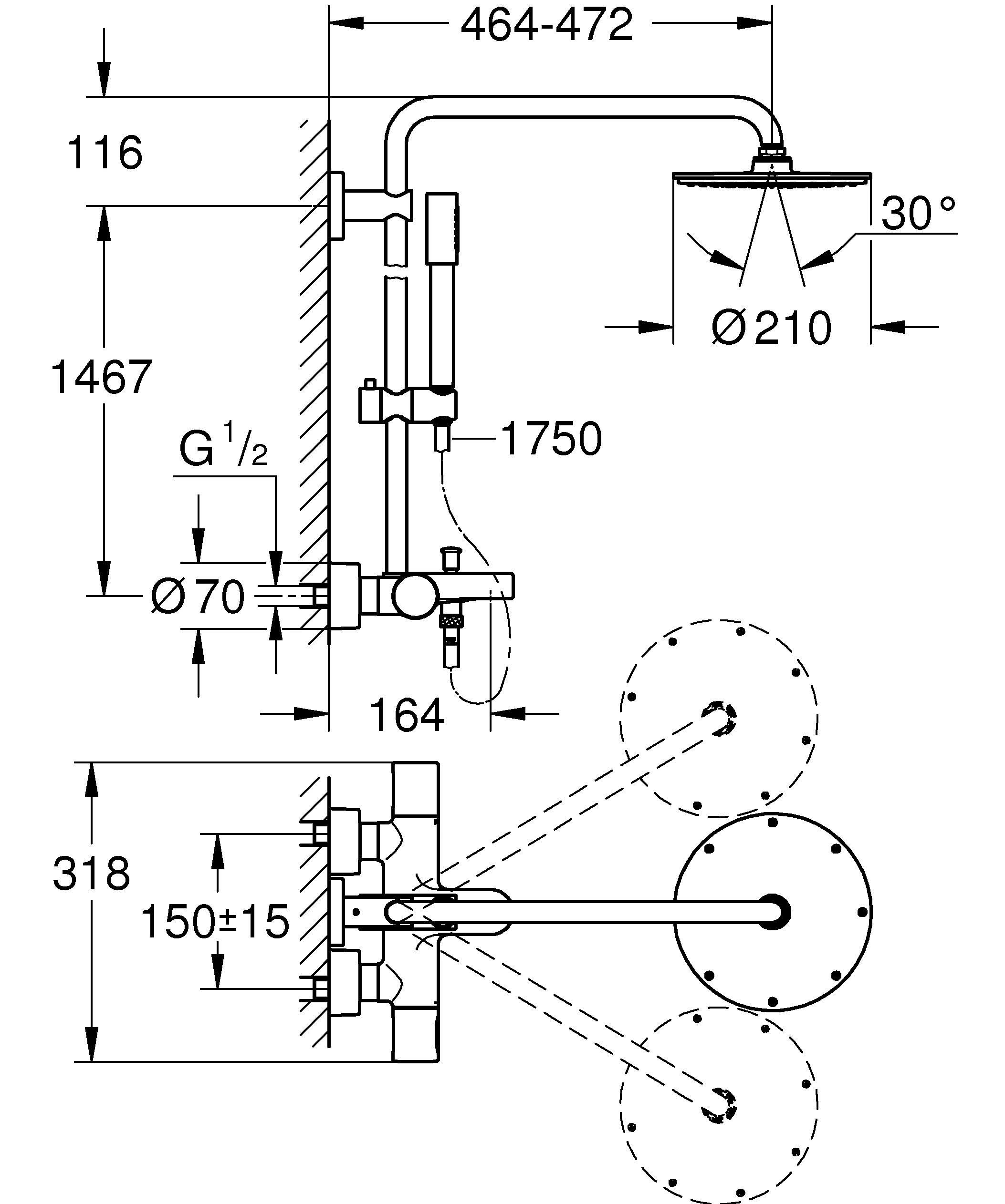 Duschsystem Rainshower System 210 27641, mit Aufputz-Thermostat-Wannenbatterie, Wandmontage, 450 mm Duscharm, chrom