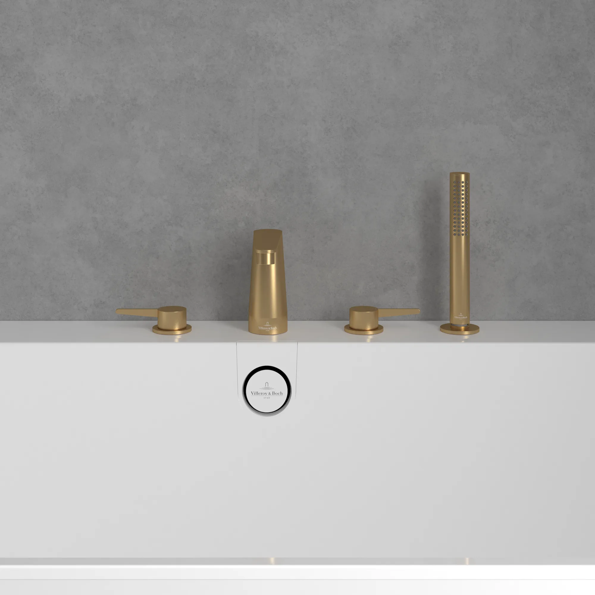 Villeroy & Boch Conum Vierloch-Badewannenrandarmatur, Brushed Gold, 455x165x124 mm, Höhe 124 mm, inkl. Schlauch und Handbrause
