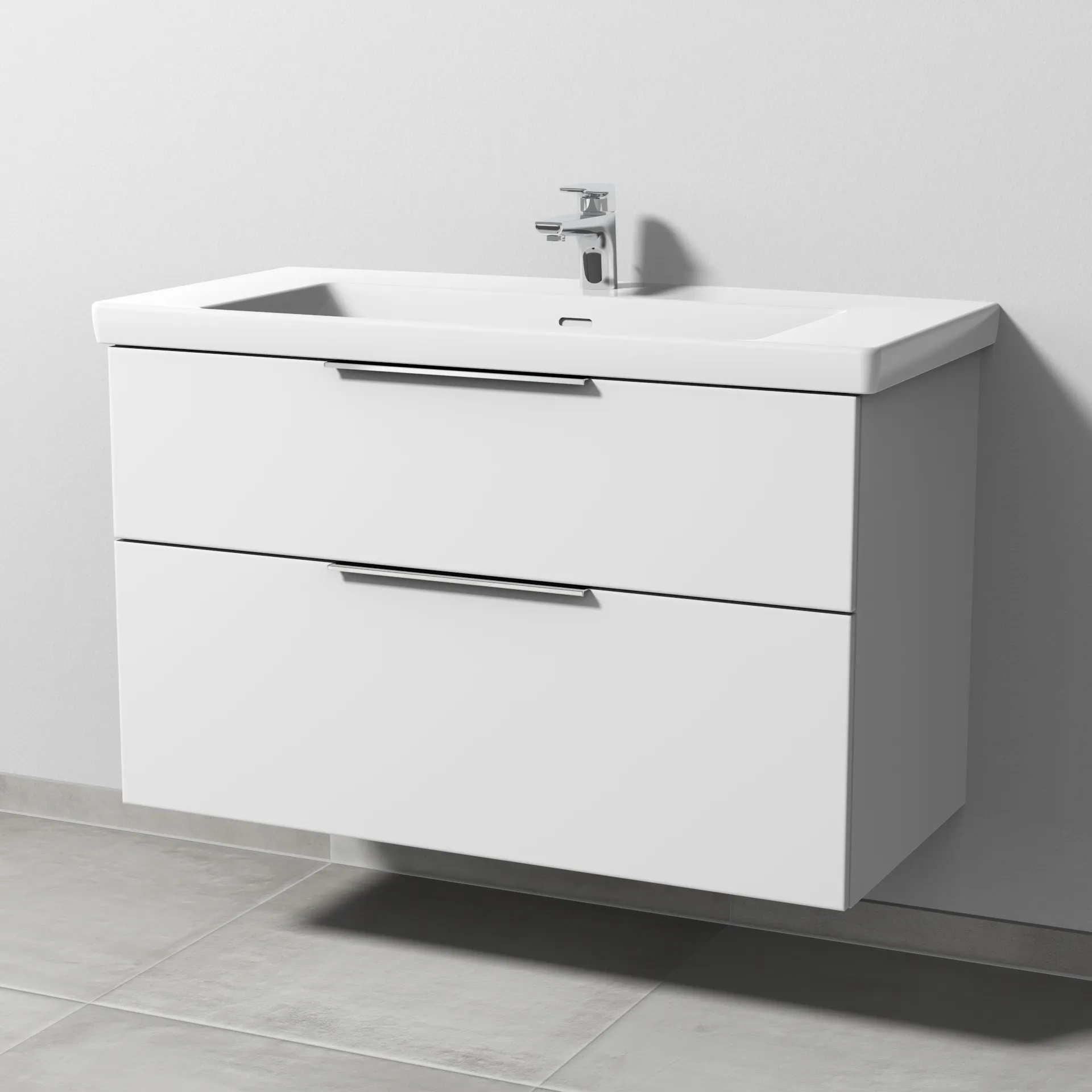 Sanipa Waschtischunterschrank „3way“ 955 × 588 × 462 mm in Weiß-Soft, Becken mittig, mit Hahnlochbohrung