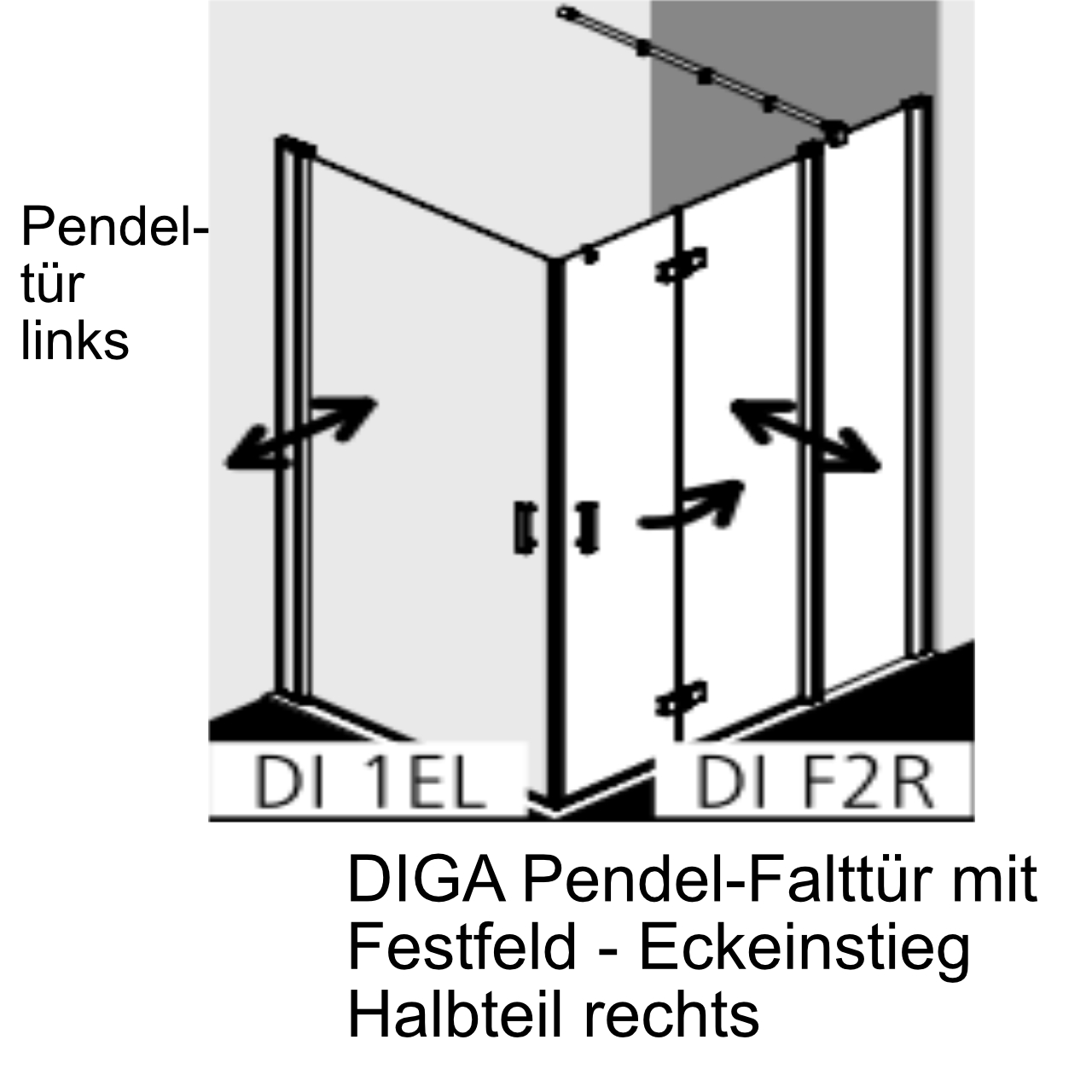 Kermi Pendel-Falttür mit Festfeld 2-teilig Halbteil links „Diga“ Glas Klar, Falttür BV: 880 - 900 mm GAK: 865 - 885 mm WE: 890 - 910 mm H: 1850 mm