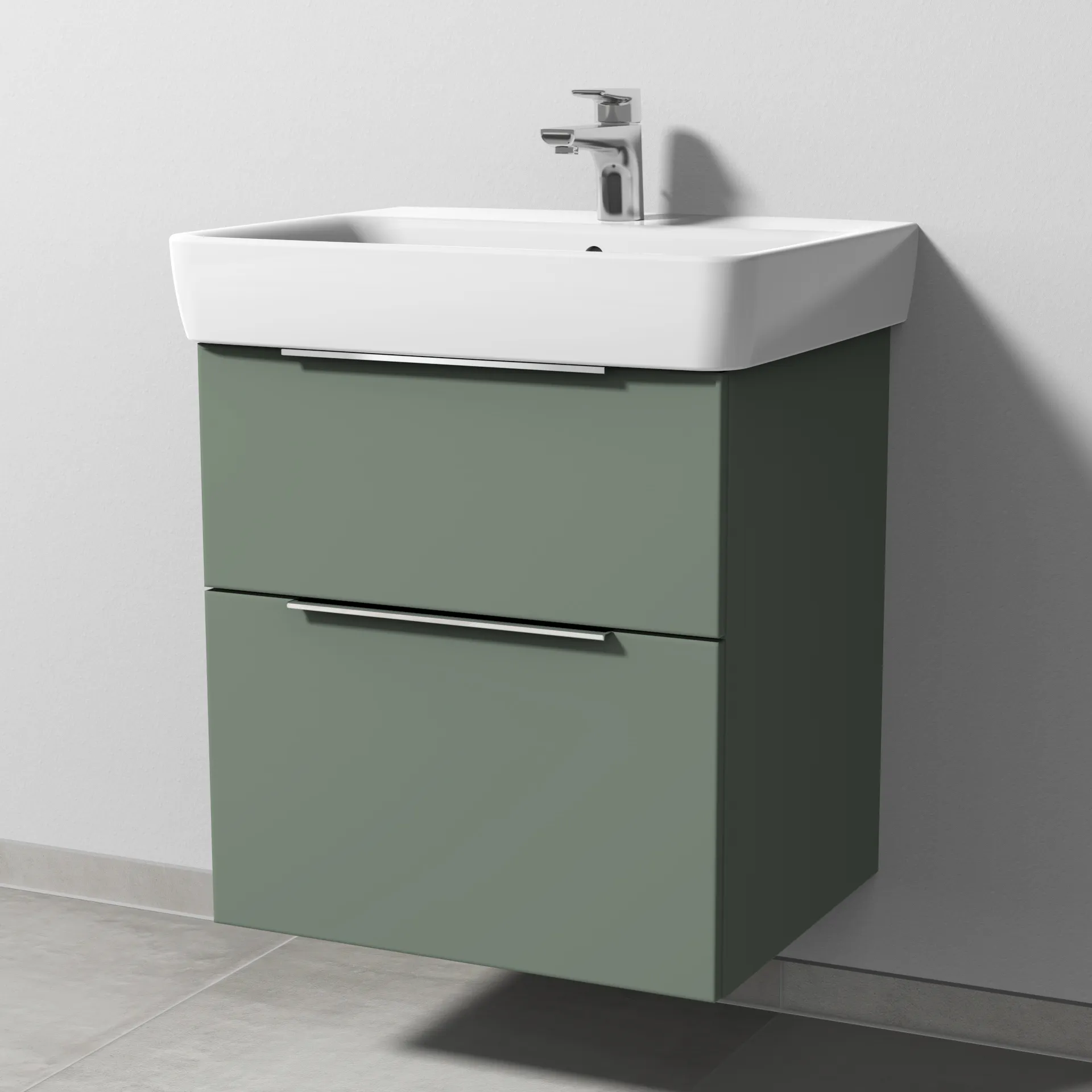 Sanipa Waschtischunterschrank „3way“ passend zu Keramik-Waschtische Renova Plan von Geberit 540 × 588 × 447 mm in Soft-Green, Becken mittig