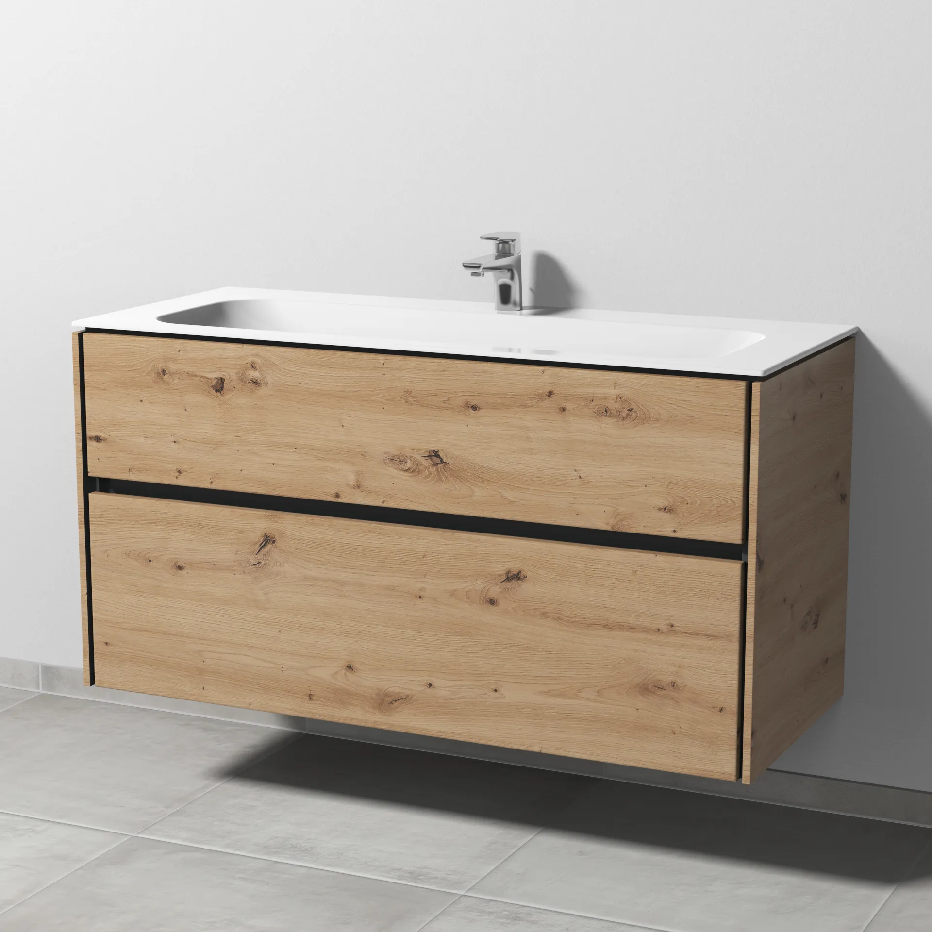 Keramik-Waschtisch-Set mit Waschtischunterschrank „Twiga“ 119 × 50 × 61 cm in Eiche Natural-Touch, mit Hahnlochbohrung, ohne Beleuchtung Keramik-Waschtisch-Set mit Waschtischunterschrank „Twiga“ 119 × 50 × 61 cm in Eiche Natural-Touch, mit Hahnlochbohrung, ohne Beleuchtung