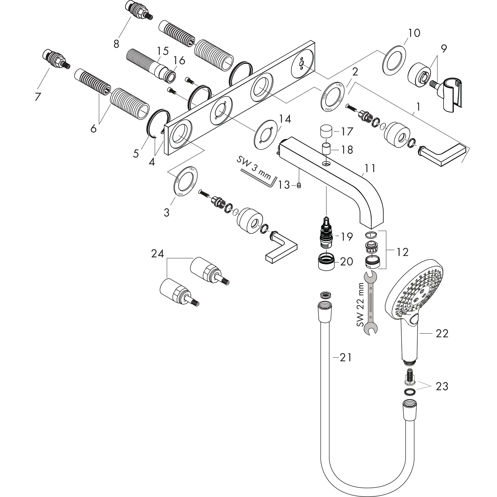 3-L.Wannenarmatur Axor Citterio F-Set Wand chrom m.Hebelgriff/Platte u.Handbr. 3-L.Wannenarmatur Axor Citterio F-Set Wand chrom m.Hebelgriff/Platte u.Handbr.