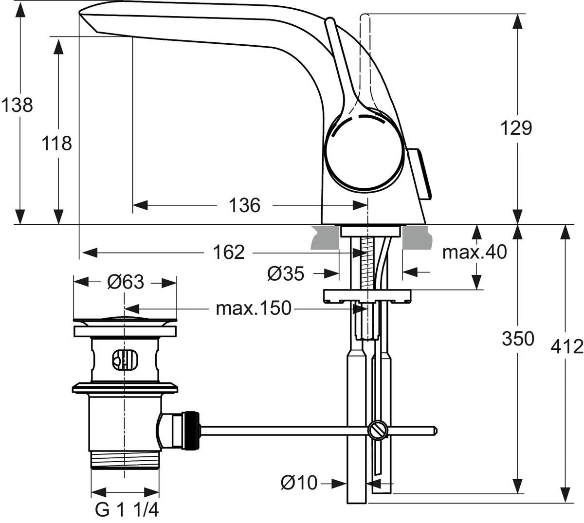Waschtischarmatur Melange, mit Ablaufgarnitur, CU-Rohren, Ausladung 136mm, Chrom Waschtischarmatur Melange, mit Ablaufgarnitur, CU-Rohren, Ausladung 136mm, Chrom