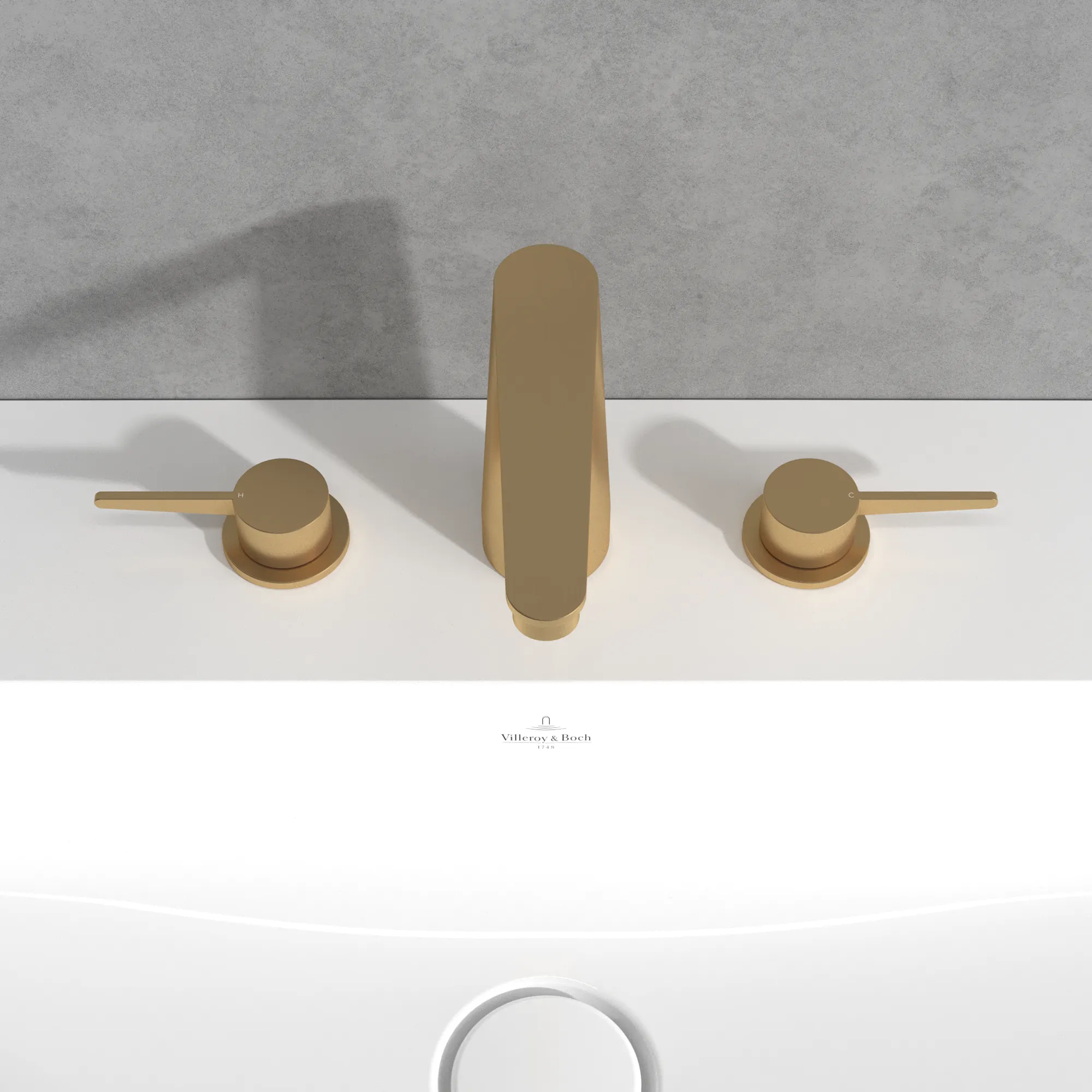 Villeroy & Boch Conum Dreiloch-Waschtischarmatur, Brushed Gold, 440 x 165 x 144 mm, Keramikkartusche, Laminarstrahl, SmartPressure Villeroy & Boch Conum Dreiloch-Waschtischarmatur, Brushed Gold, 440 x 165 x 144 mm, Keramikkartusche, Laminarstrahl, SmartPressure