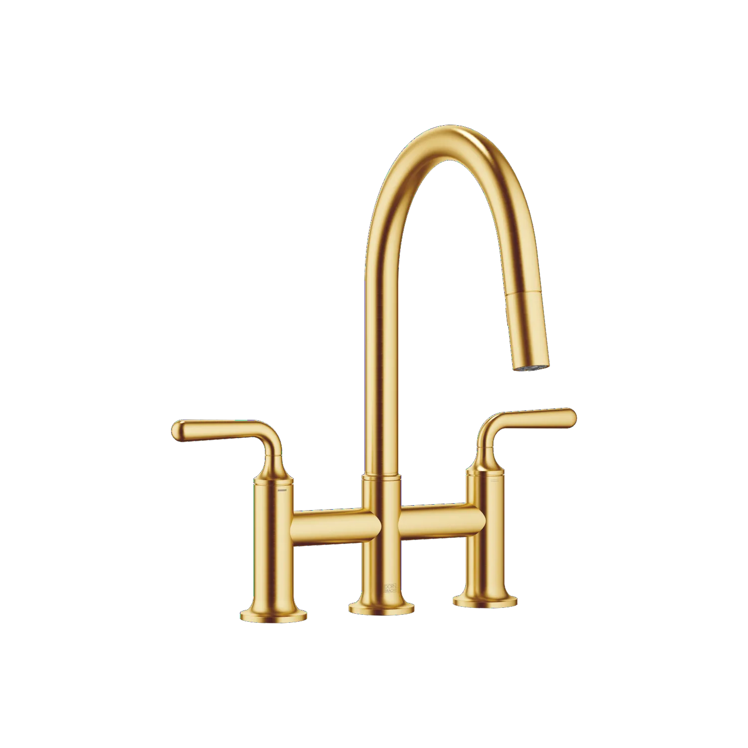 Dornbracht VAIA Dreiloch-Brückenbatterie Pull-down, Messing gebürstet (23kt Gold), Ausladung 240 mm, schwenkbarer Auslauf 360°, Brausefunktion mit