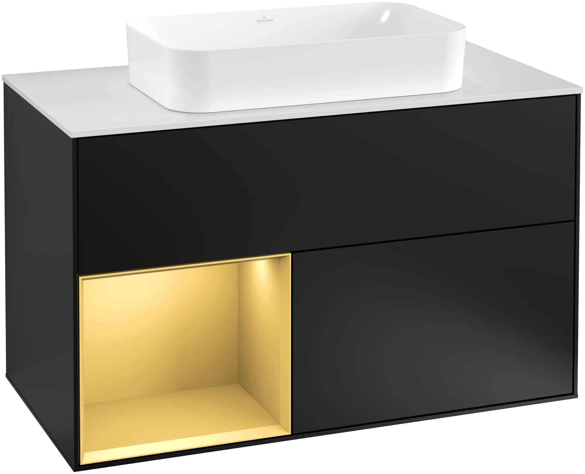 Villeroy & Boch Waschbeckenunterschrank Finion F24, 1000x603x501 mm, Black Matt Lacquer mit Gold Regal, Beleuchtung dimmbar, Push-to-open, SoftClosing Villeroy & Boch Waschbeckenunterschrank Finion F24, 1000x603x501 mm, Black Matt Lacquer mit Gold Regal, Beleuchtung dimmbar, Push-to-open, SoftClosing