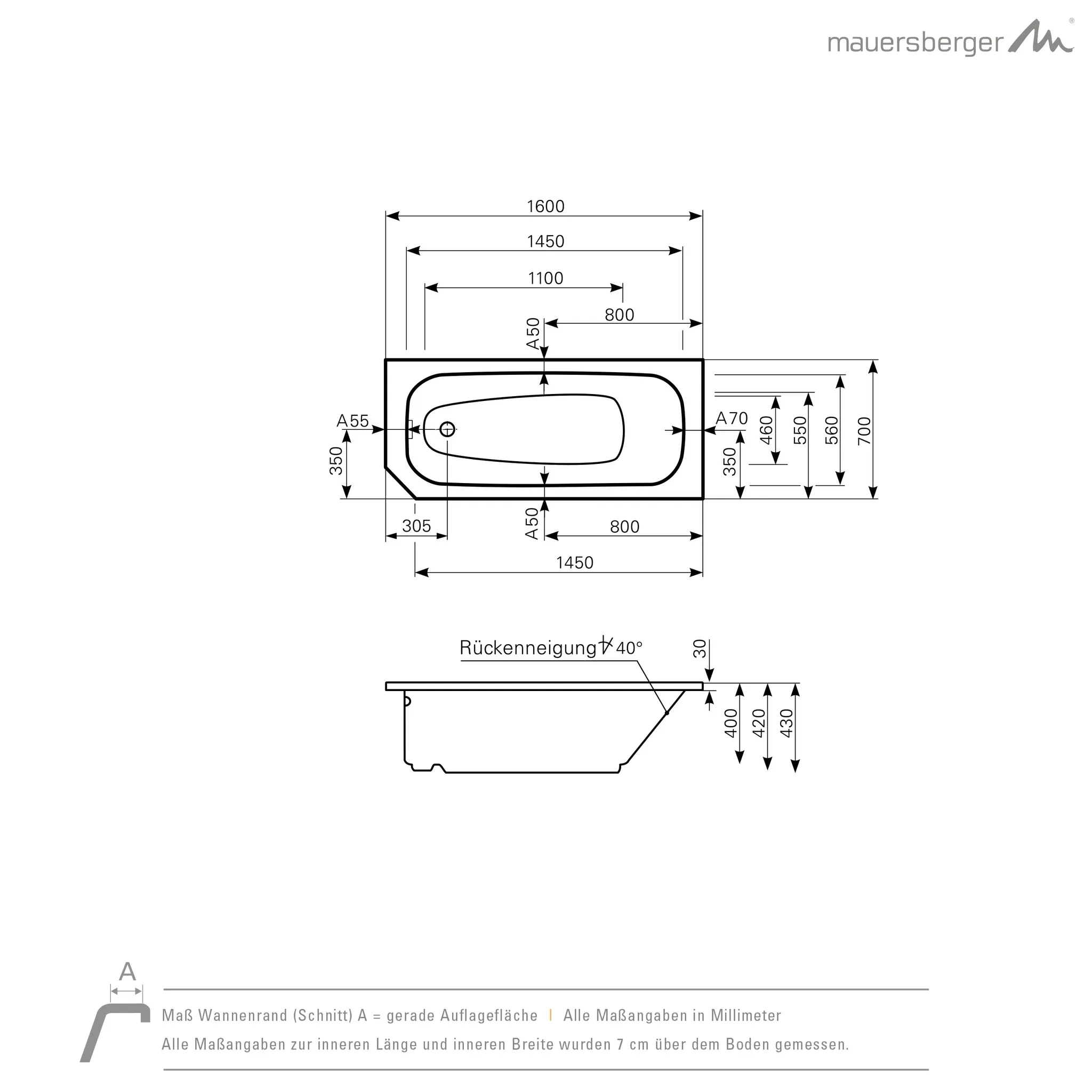 Mauersberger aurea Acryl-Badewanne Kompaktform Aurea 160/70 FL