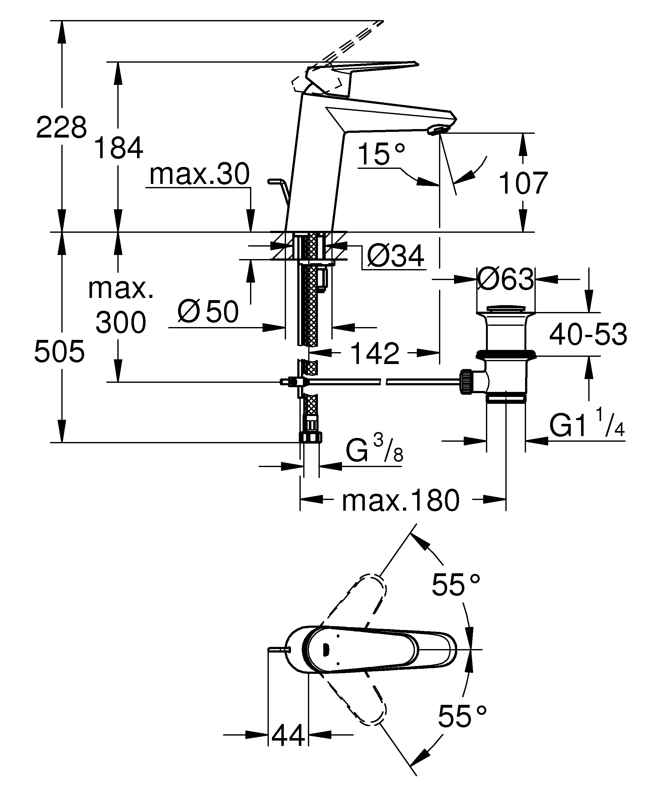 Einhand-Waschtischbatterie Eurodisc Cosmopolitan 23448_2, M-Size, Einlochmontage, Zugstangen-Ablaufgarnitur 1 1/4'', chrom