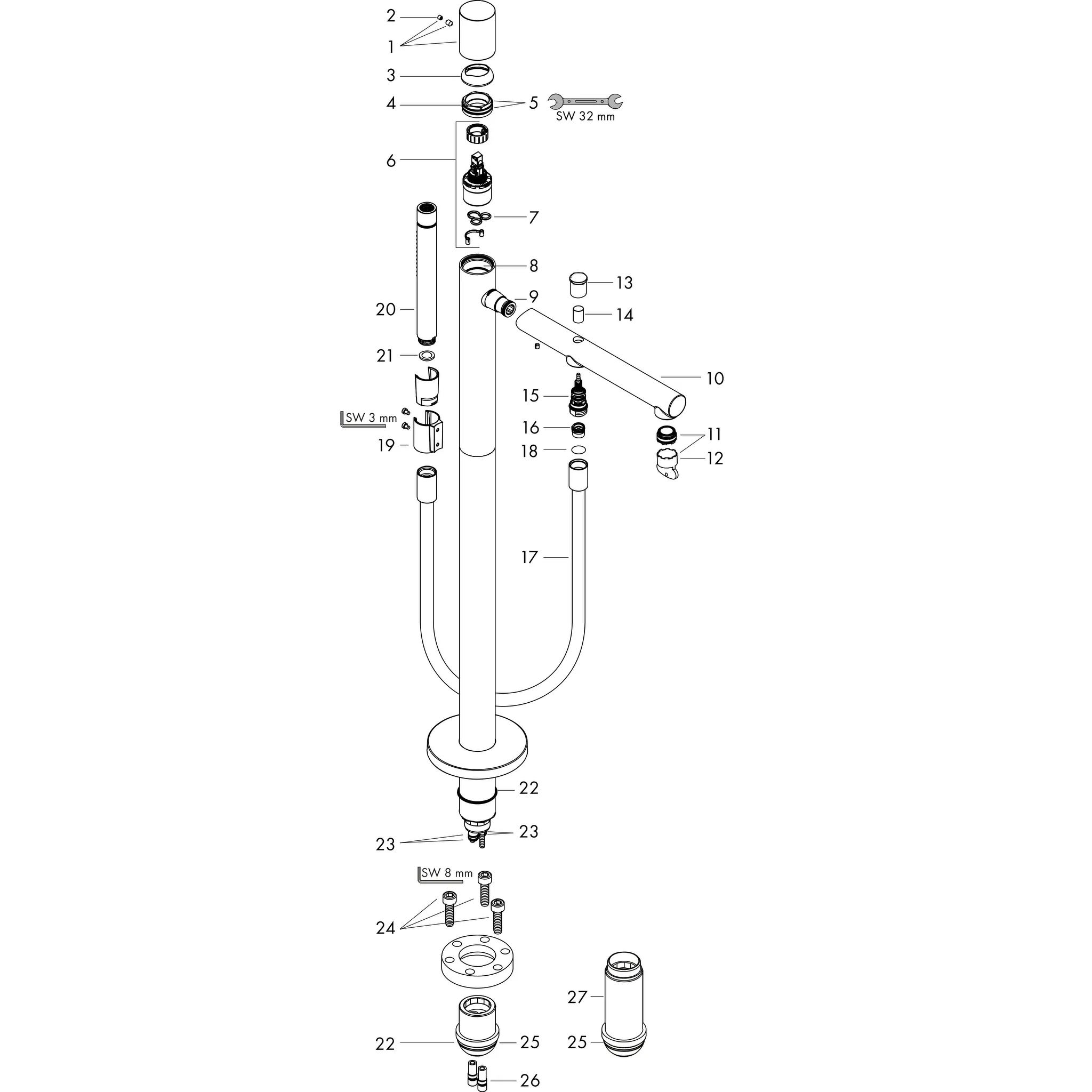 Hansgrohe AXOR Uno Einhebel-Wannenmischer bodenstehend mit Zerogriff, Chrom Hansgrohe AXOR Uno Einhebel-Wannenmischer bodenstehend mit Zerogriff, Chrom