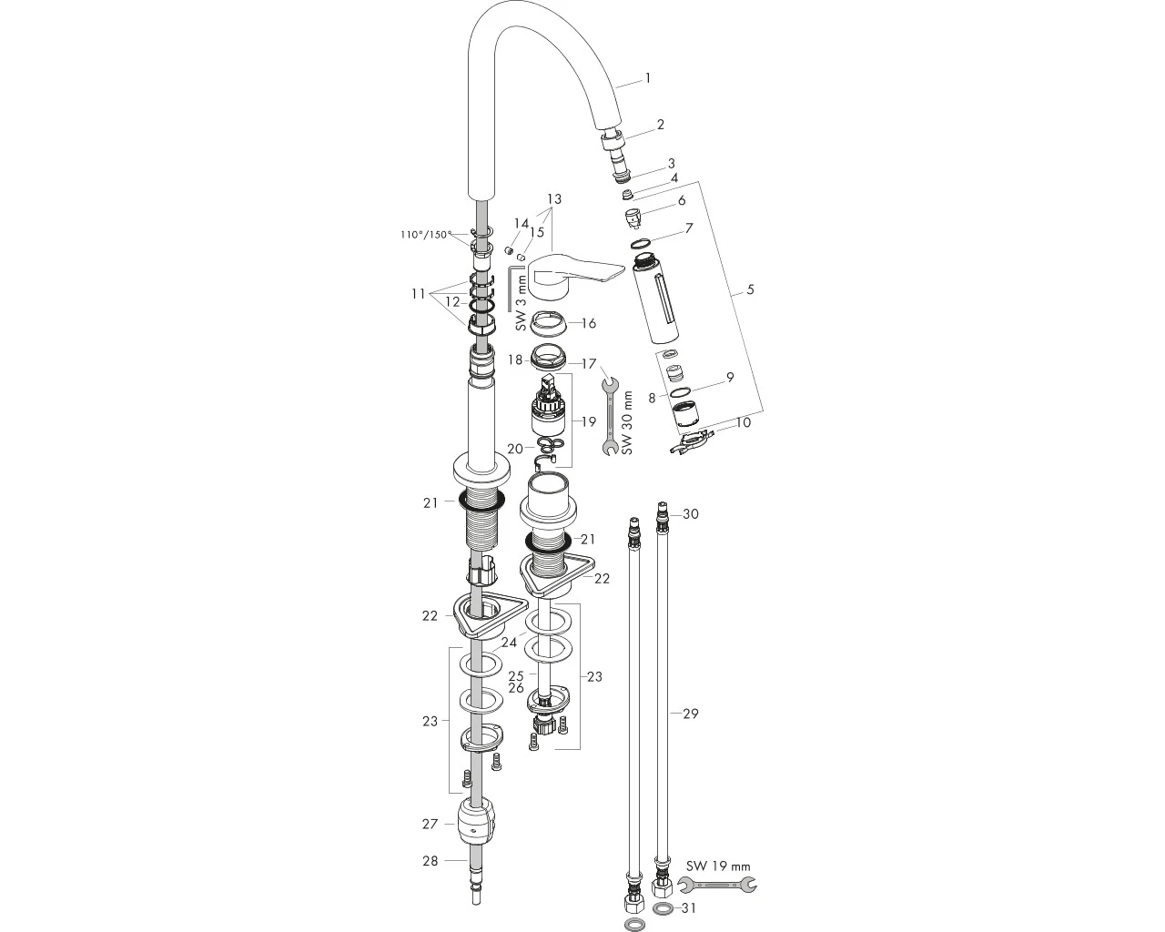 2-Loch Spültischmischer Axor Citterio M chrom mit Ausziehbrause