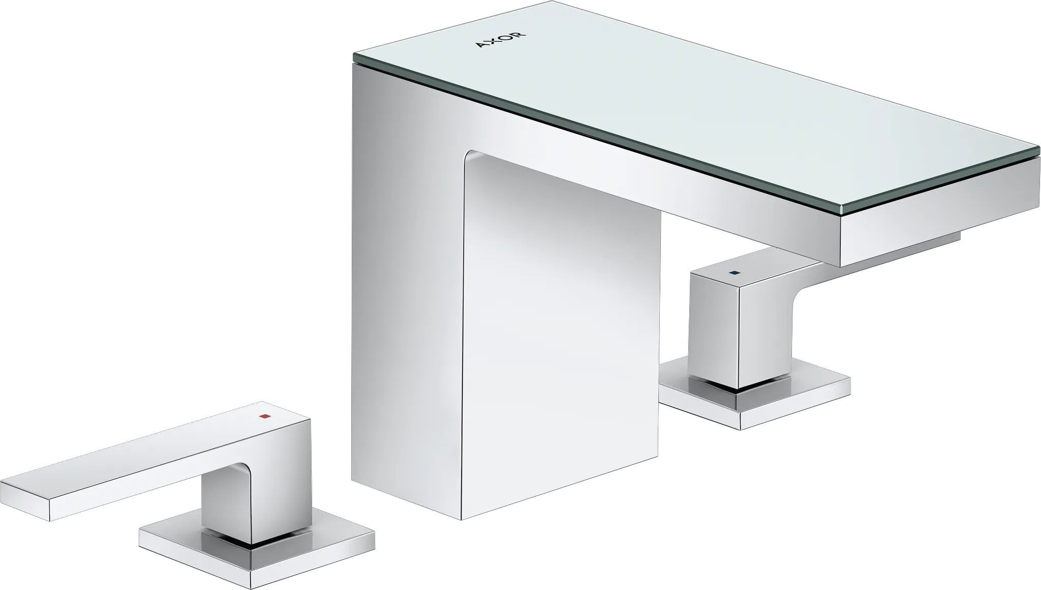 Hansgrohe AXOR MyEdition 3-Loch Waschtischarmatur 110 mit Push-Open Ablaufgarnitur, Chrom/Spiegelglas Hansgrohe AXOR MyEdition 3-Loch Waschtischarmatur 110 mit Push-Open Ablaufgarnitur, Chrom/Spiegelglas