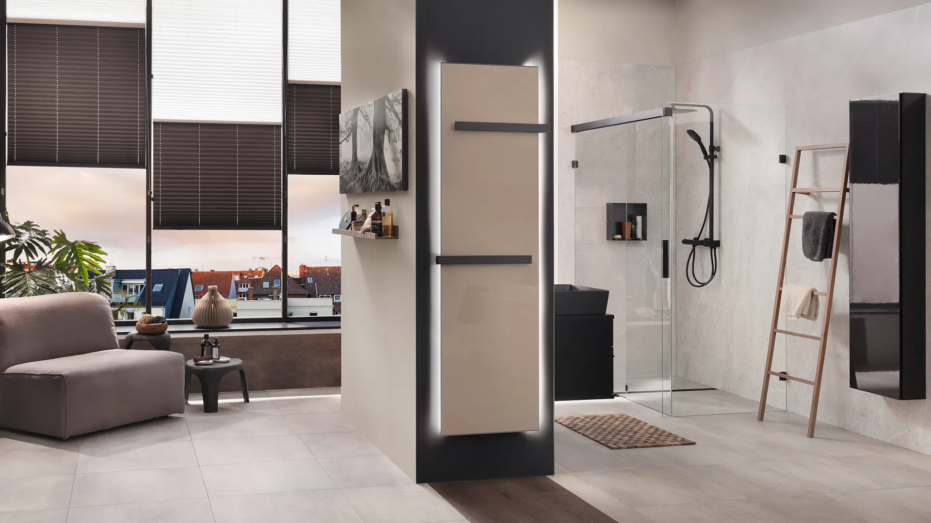 BEMM Plawa Purline Glas-Edition, Plan-Bad/Raumwärmer vertikal, Serie PVG, Weiss 9016 u. Glas braun light BEMM Plawa Purline Glas-Edition, Plan-Bad/Raumwärmer vertikal, Serie PVG, Weiss 9016 u. Glas braun light