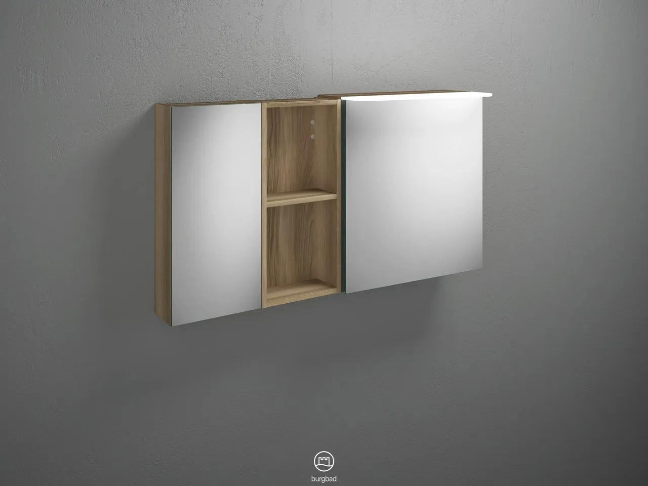 Burgbad Spiegelschrank Badu SFTX120, 310x1200x665 mm, 2 beidseitig verspiegelte Türen, LED-Aufsatzleuchte 4200 K, Schalter-Steckdosenelement