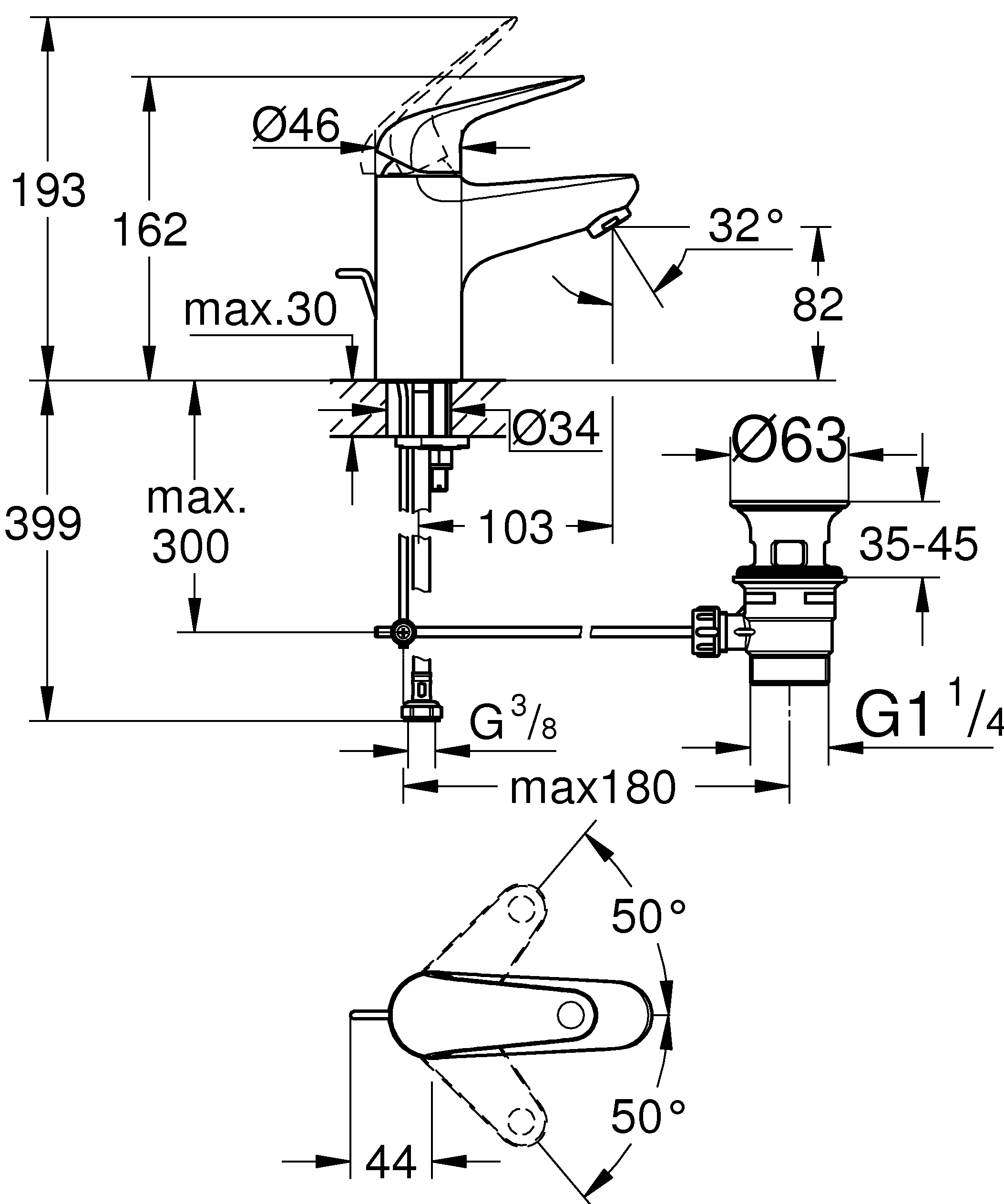 EH-WT-Batterie Euroeco 23262_1, S-Size, Einlochmontage, Zugstangen-Ablaufgarnitur aus Kunststoff, maximaler Durchfluss (bei 3 bar): 5 l/min, chrom