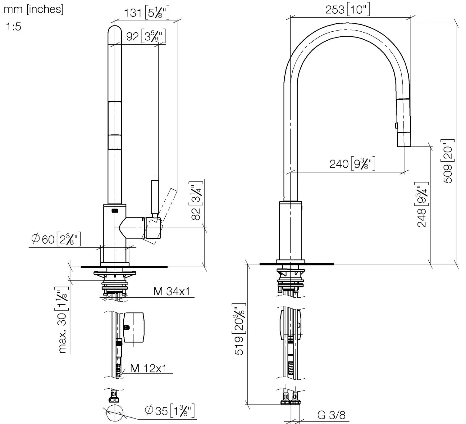 Dornbracht Einhebelmischer Pull-down mit Brausefunktion TARA, Ausladung 240 mm in Dark Brass gebürstet (PVD)