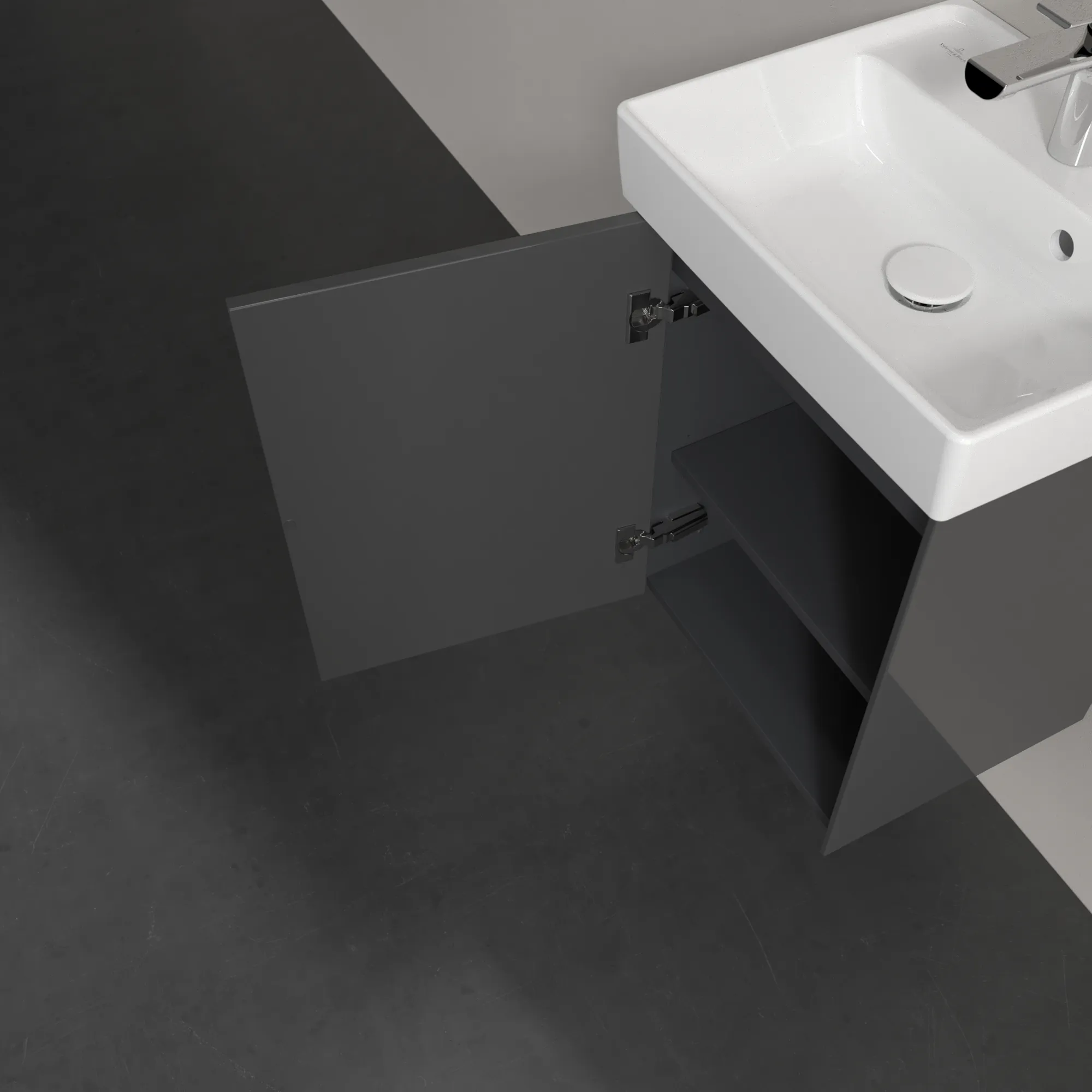 Villeroy & Boch Waschtischunterschrank mit Tür „Collaro“ 410 × 546 × 344 mm Glossy Grey, für Becken mittig, Anschlag links, ohne Beleuchtung Villeroy & Boch Waschtischunterschrank mit Tür „Collaro“ 410 × 546 × 344 mm Glossy Grey, für Becken mittig, Anschlag links, ohne Beleuchtung