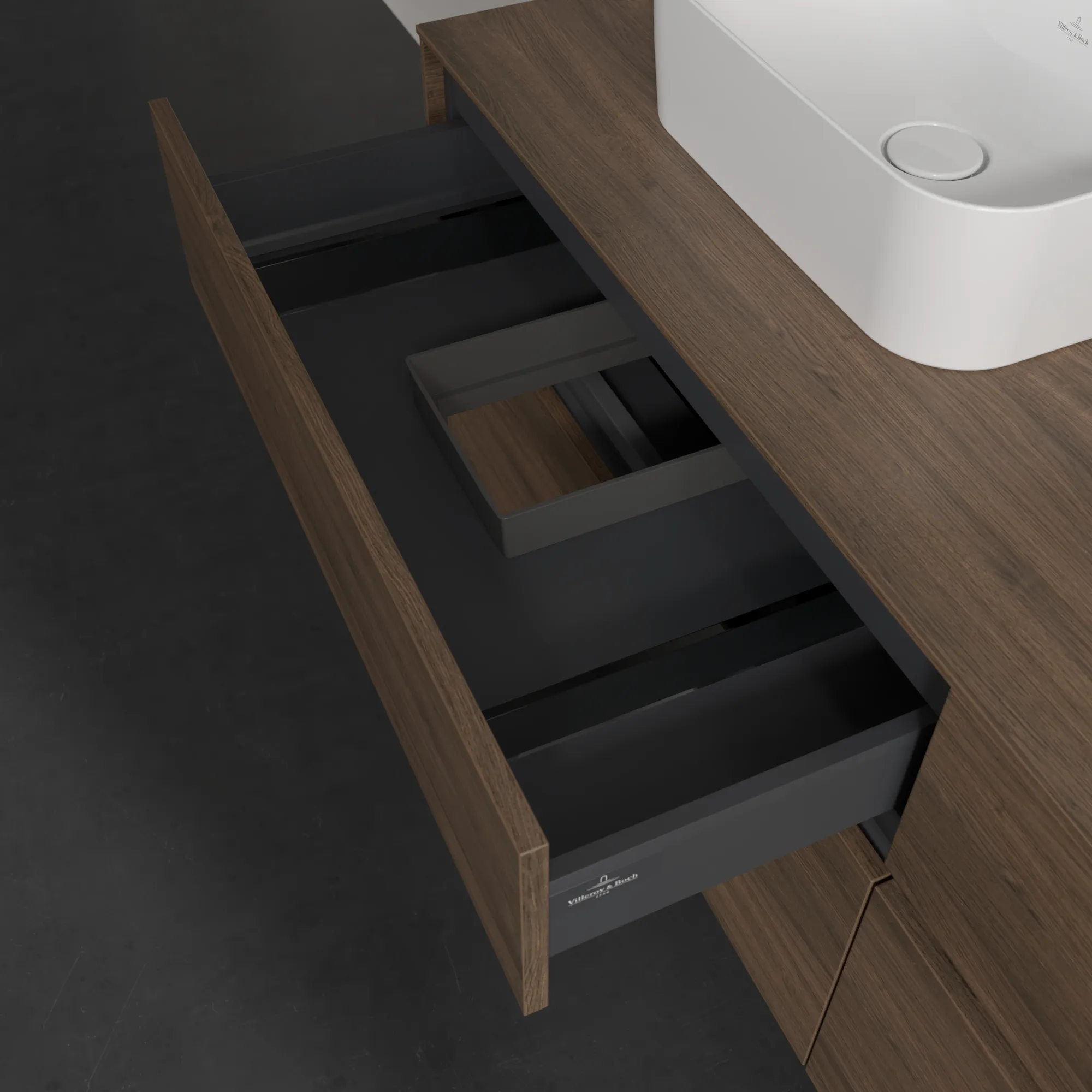 Villeroy & Boch Waschtischunterschrank „Collaro“ 1600 × 548 × 500 mm Arizona Oak, mit Beleuchtung, für links und rechts