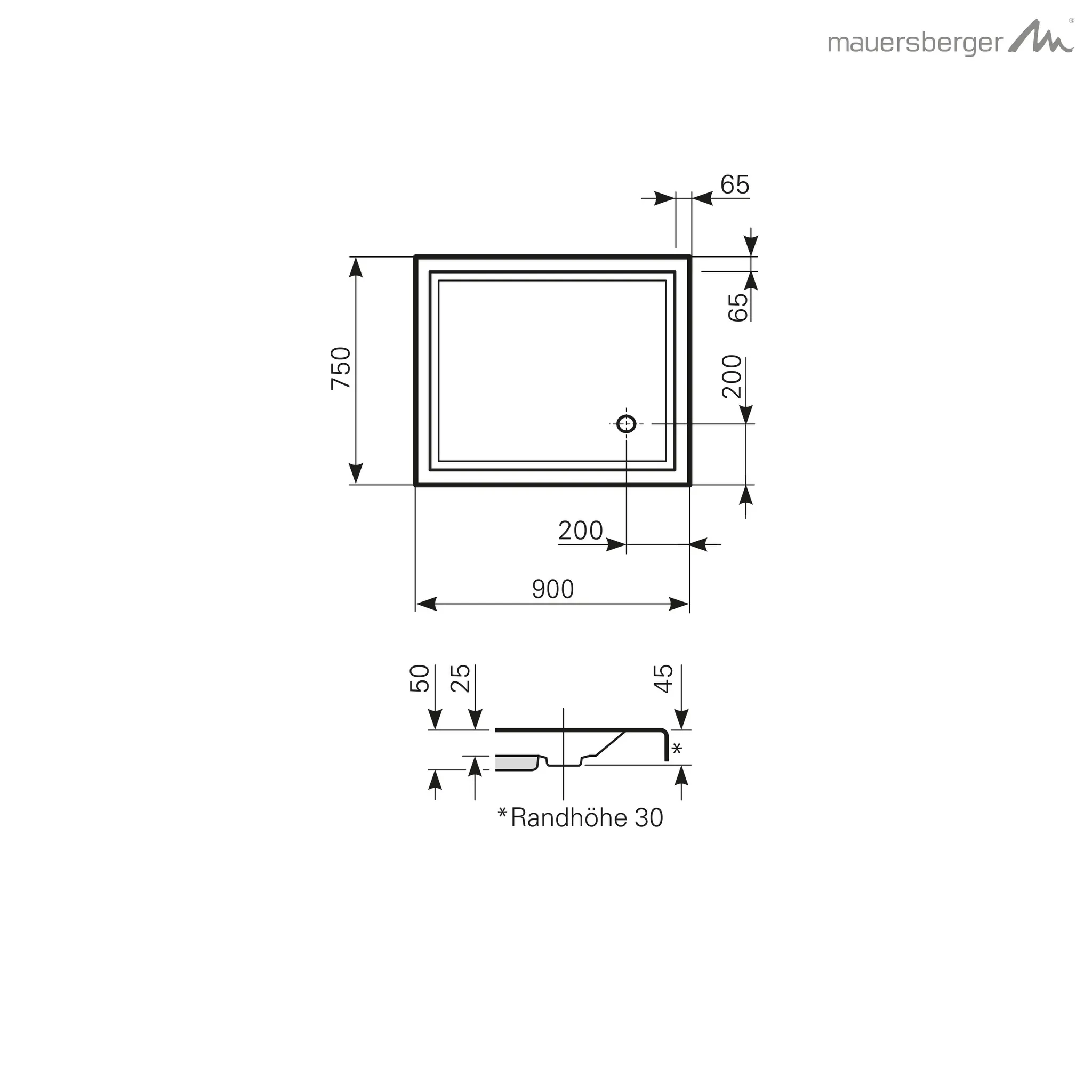 Mauersberger Duschwanne „localis“ 900 × 750 mm in Starwhite