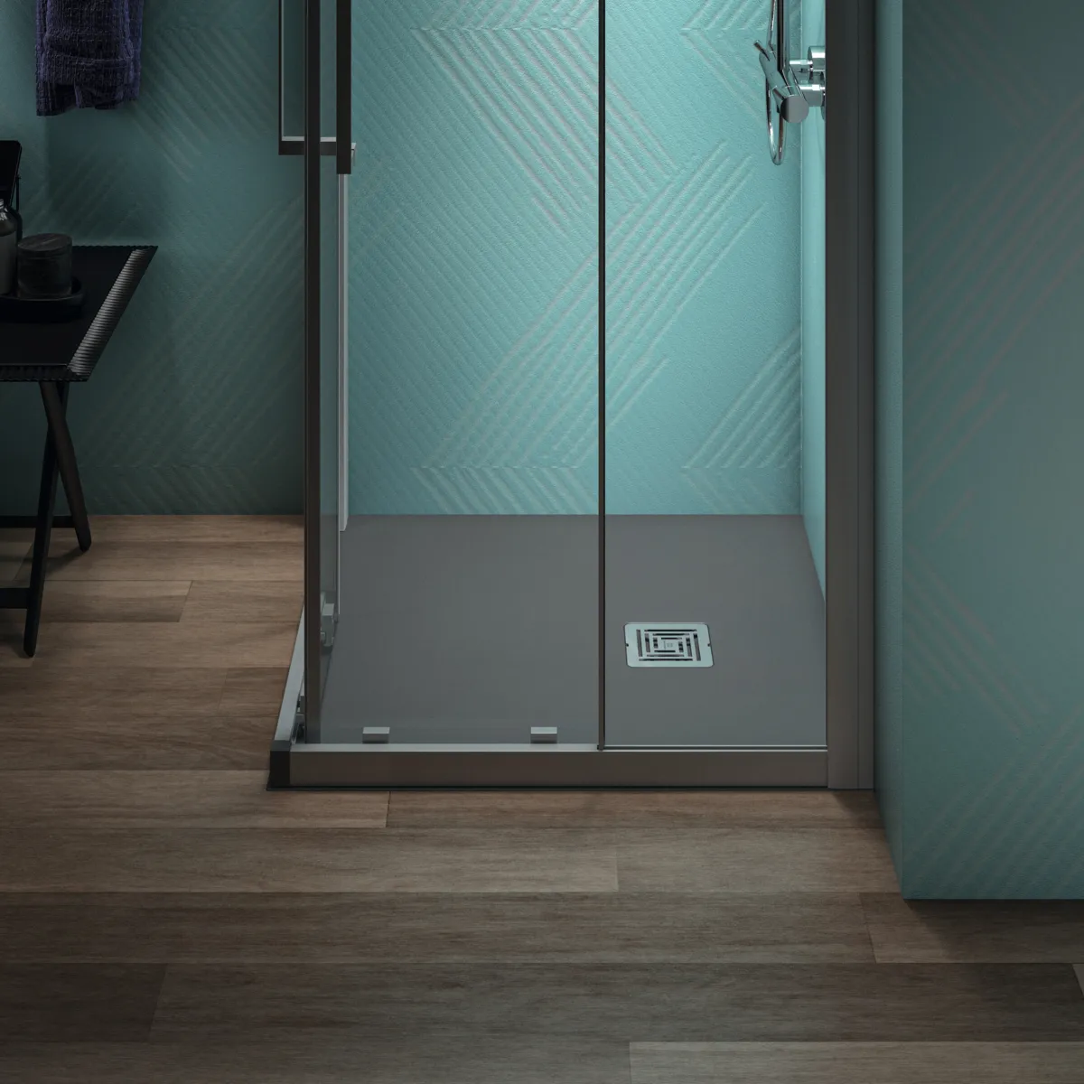 Ideal Standard Quadrat-Brausewanne Ultra Flat S +, 800x800 mm, 30 mm Höhe, Quarzgrau, Ablauf 25 cm Mitte/Seite
