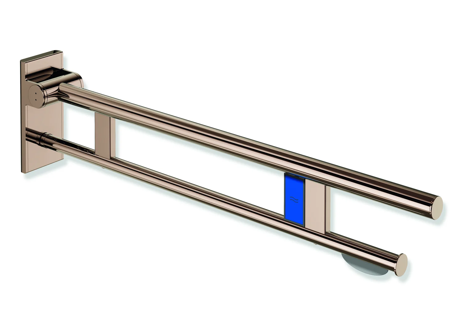 HEWI System 900 - Mobiler Stützklappgriff Duo, links, Kupfer glänzend, Ausladung 850 mm, mit WC-Papierhalter und Funk-Spülauslösung