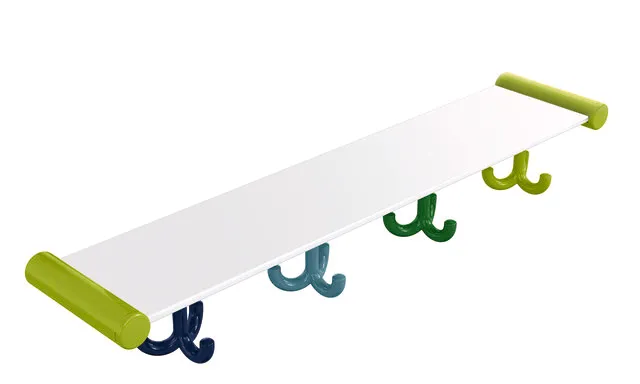 HEWI Ablage mit Dreifachhaken, Serie Kids, 4 Plätze, Farbe Apfelgrün, 630 mm breit, 89 mm hoch, 132 mm tief HEWI Ablage mit Dreifachhaken, Serie Kids, 4 Plätze, Farbe Apfelgrün, 630 mm breit, 89 mm hoch, 132 mm tief