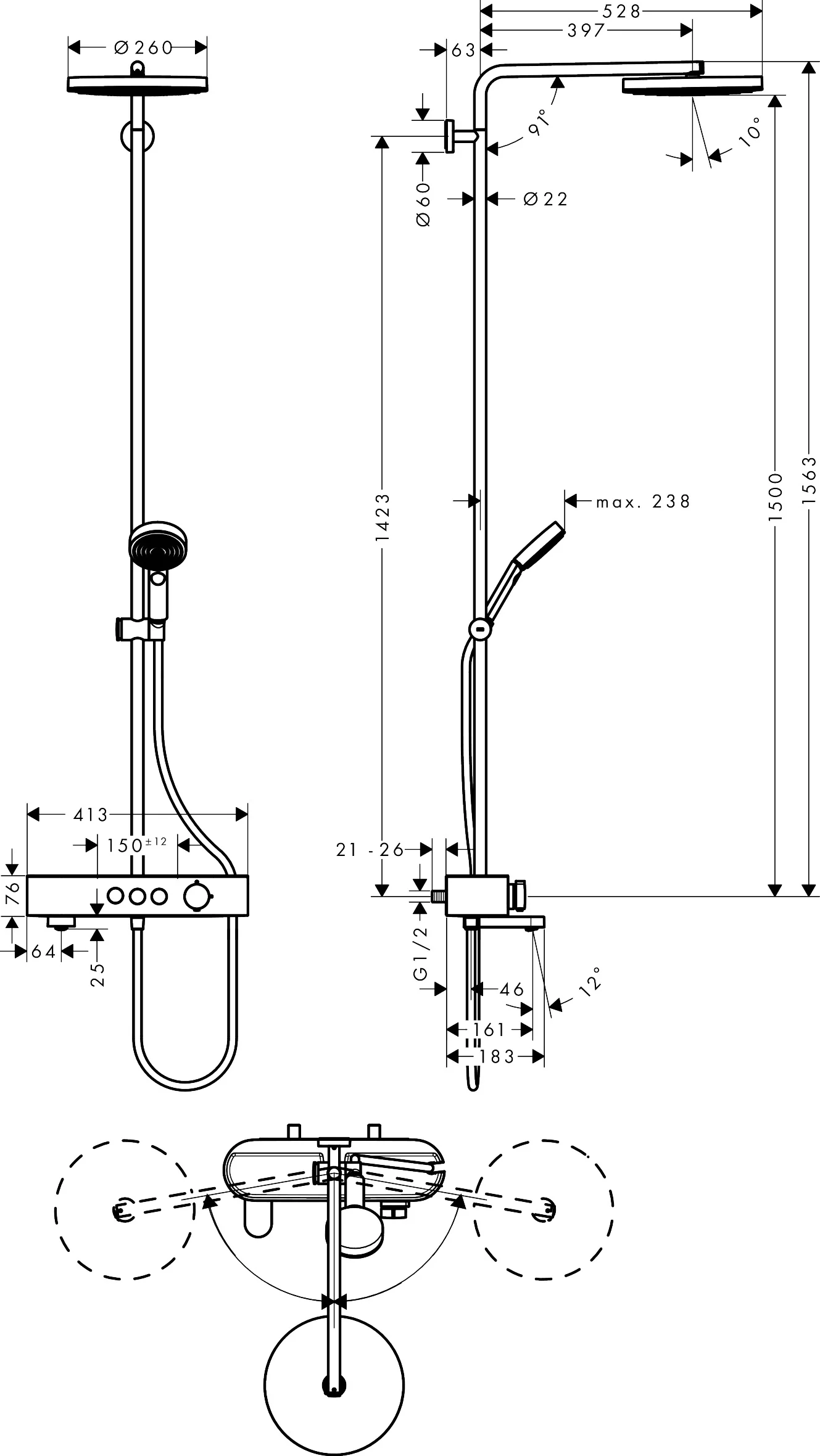 Hansgrohe Pulsify S Showerpipe 260 1jet mit Wannenthermostat Aufputz chrom Hansgrohe Pulsify S Showerpipe 260 1jet mit Wannenthermostat Aufputz chrom