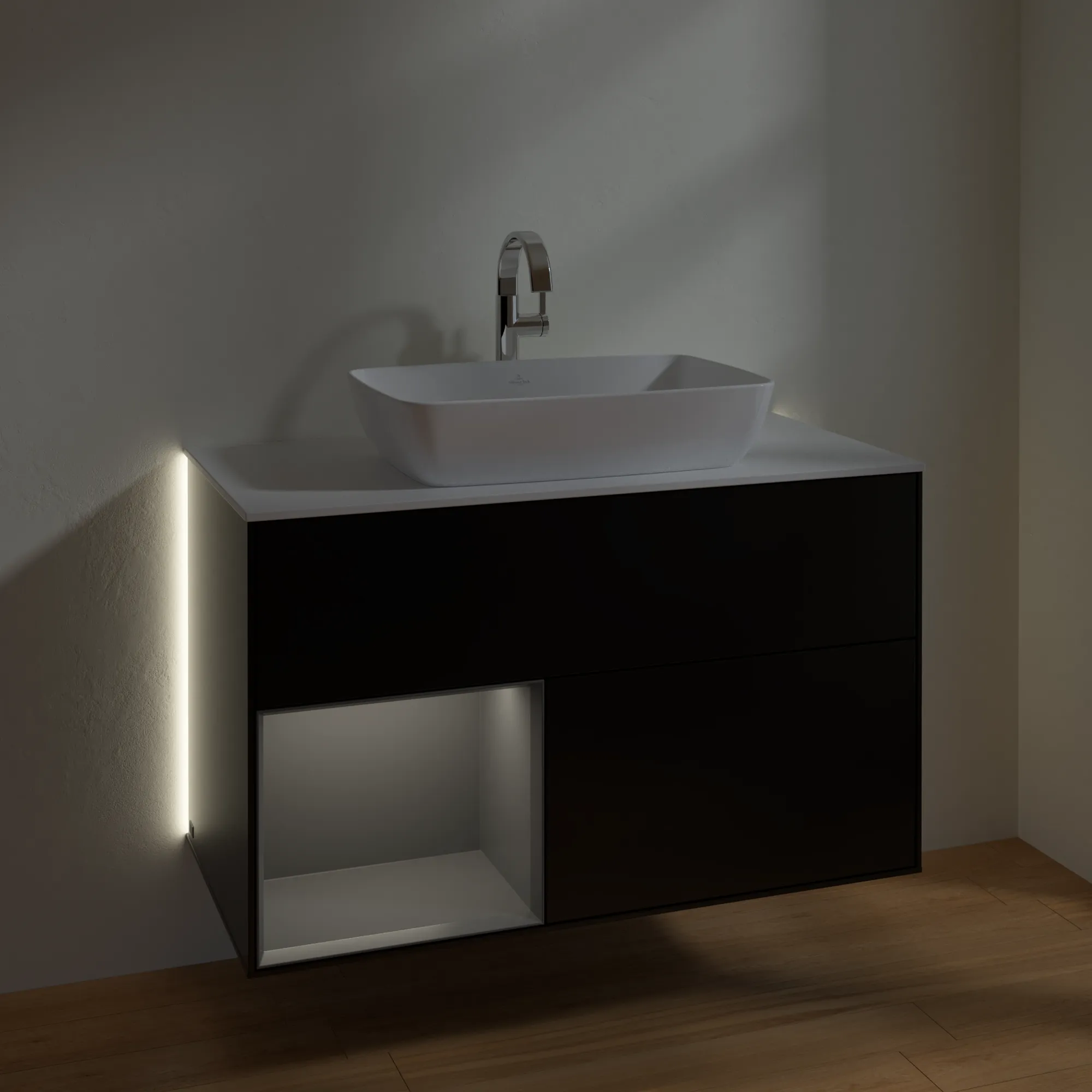 Villeroy & Boch Waschbeckenunterschrank Finion G77, 1000 x 603 x 501 mm, Black Matt Lacquer, mit Beleuchtung und Push-to-open Funktion