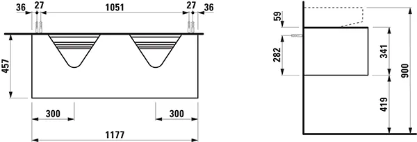 Laufen Waschtischunterbau „SONAR“ 1177 × 341 × 457 mm Kupfer, links und rechts