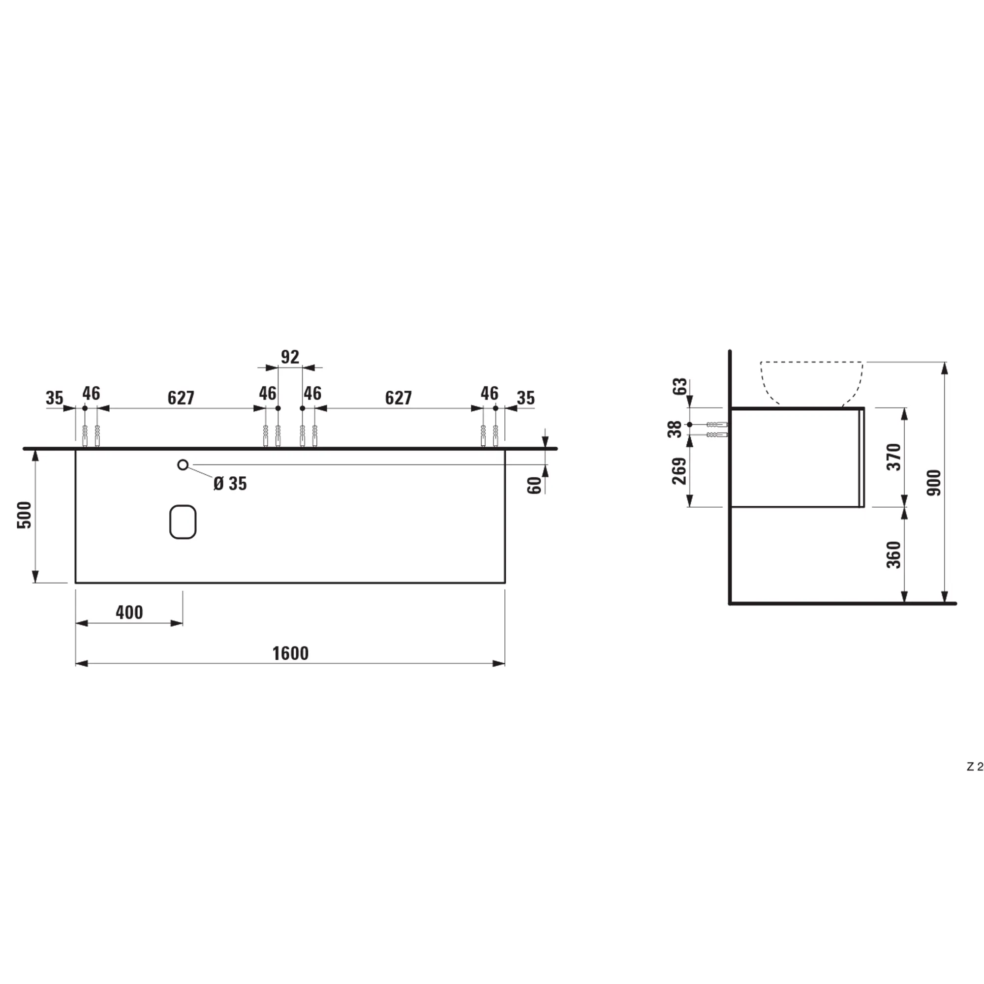 Laufen Schubladenelement „Ilbagnoalessi“ 1600 × 370 × 500 mm Noce canaletto, mit Hahnlochbohrung, links