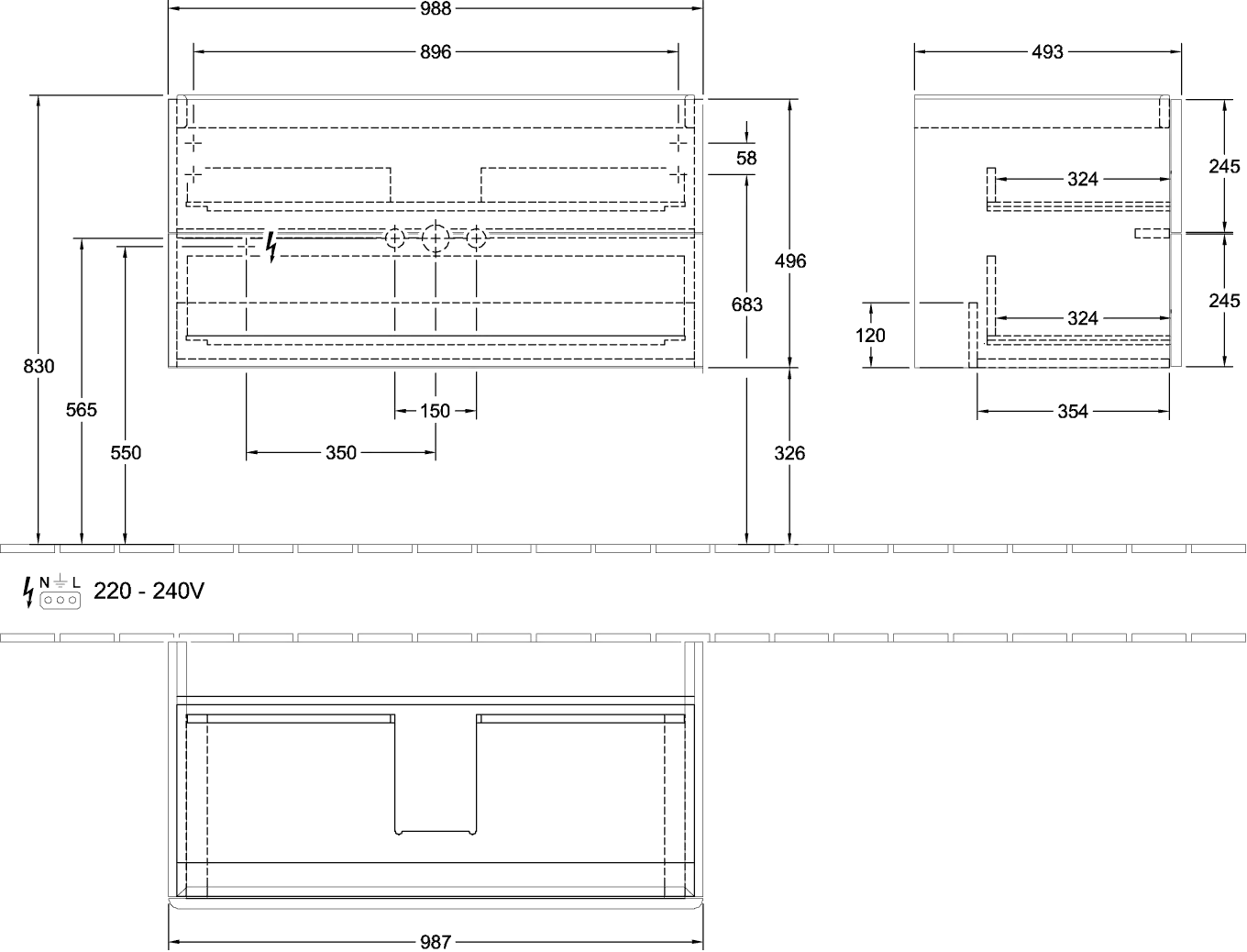 Villeroy & Boch Waschtischunterschrank für Schrankwaschtisch „Antao“ 988 × 504 × 496 mm Stone Grey Matt Lacquer, für Becken mittig, mit Beleuchtung