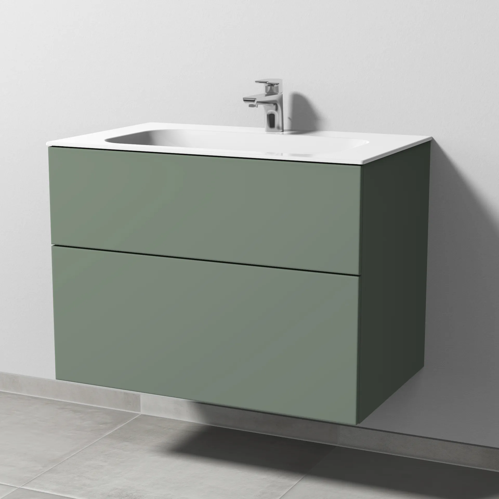 Keramik-Waschtisch-Set mit Waschtischunterschrank „3way“ 79 × 49,7 × 58,2 cm in Soft-Green, mit Hahnlochbohrung, Becken mittig