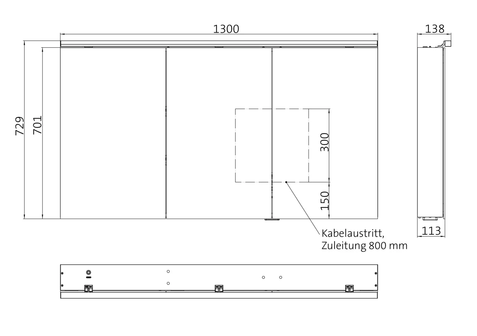 Lichtspiegelschrank flat 2 Classic,Aufputz, mit Waschtischbeleuchtung,3 Türen, 1300mm