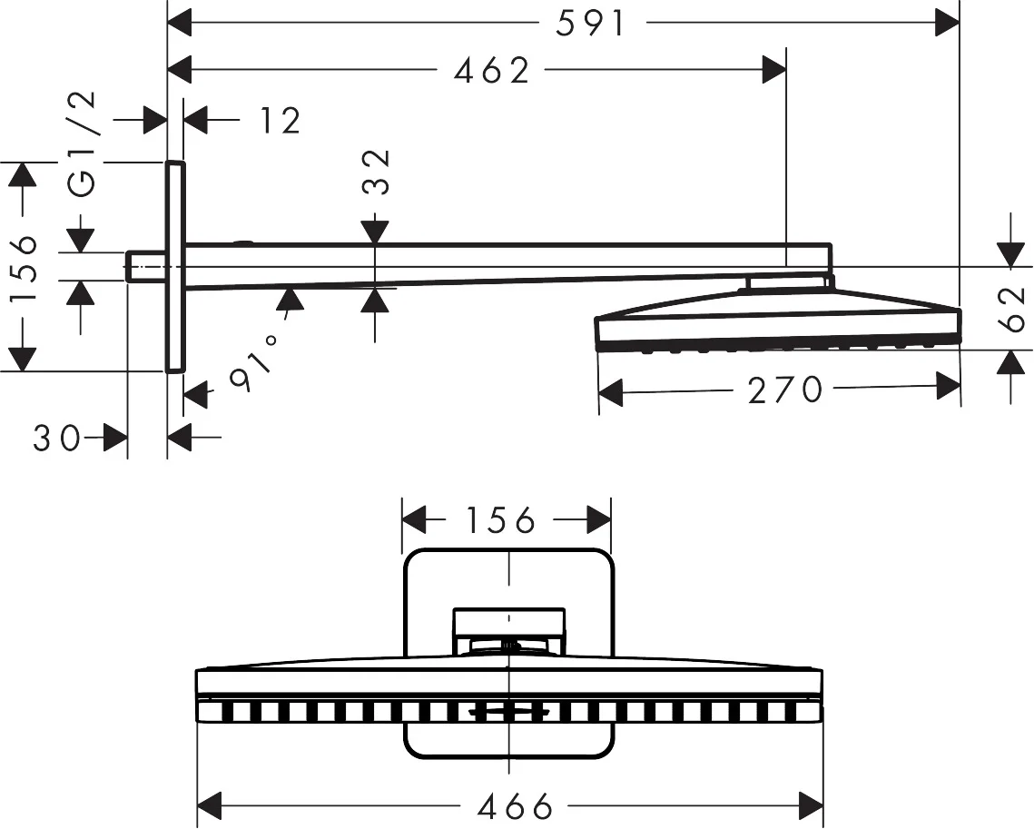 Hansgrohe AXOR ShowerSolutions Kopfbrause 460/300 1jet mit Brausearm und softsquare Rosette, Chrom, 466 x 270 mm, Rain Strahl, 19 l/min, Wandmontage, G 1/2, DN15