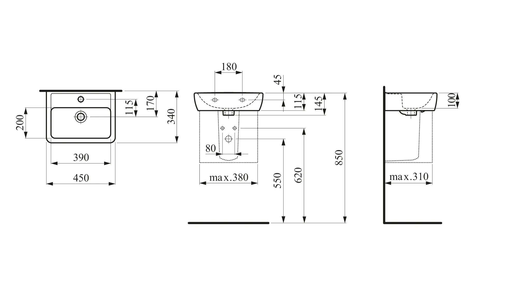 Handwaschbecken PRO A 340x450x145 1 Hahnloch mit Überlauf weiß