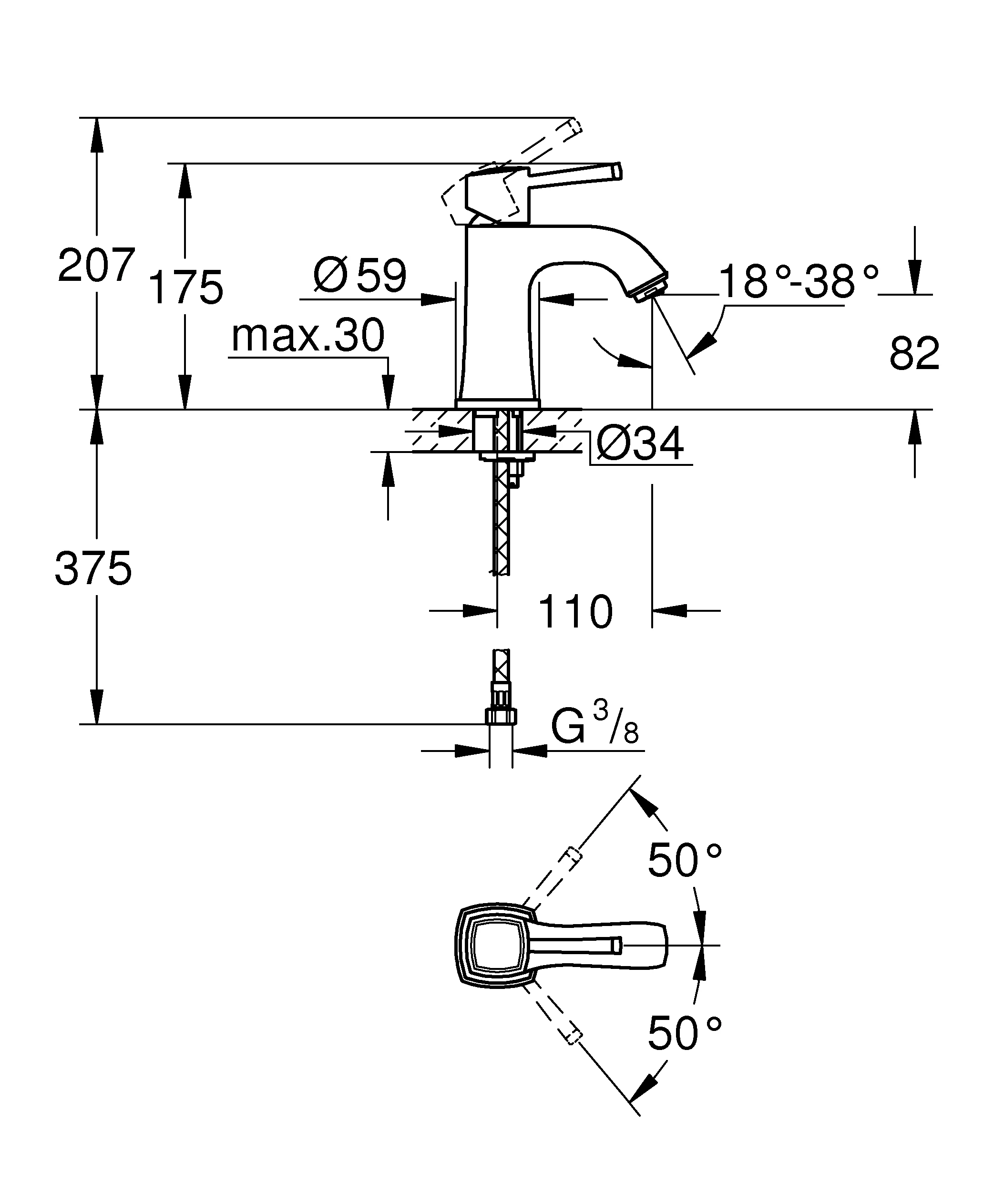 Einhand-Waschtischbatterie Grandera 24370, M-Size, Einlochmontage, glatter Körper, chrom