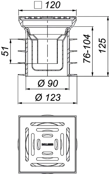 Bodenablauf Pronto K, DN 125, 120 x 120 mm