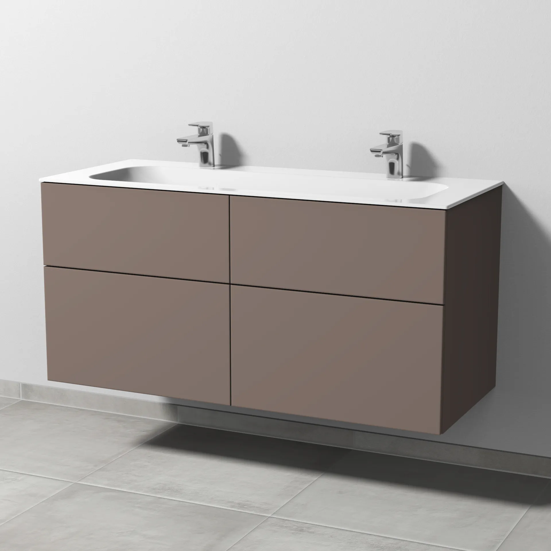 Keramik-Waschtisch-Set mit Waschtischunterschrank „3way“ 119 × 49,7 × 58,2 cm in Taupe (matt), mit Hahnlochbohrung, Becken mittig Keramik-Waschtisch-Set mit Waschtischunterschrank „3way“ 119 × 49,7 × 58,2 cm in Taupe (matt), mit Hahnlochbohrung, Becken mittig