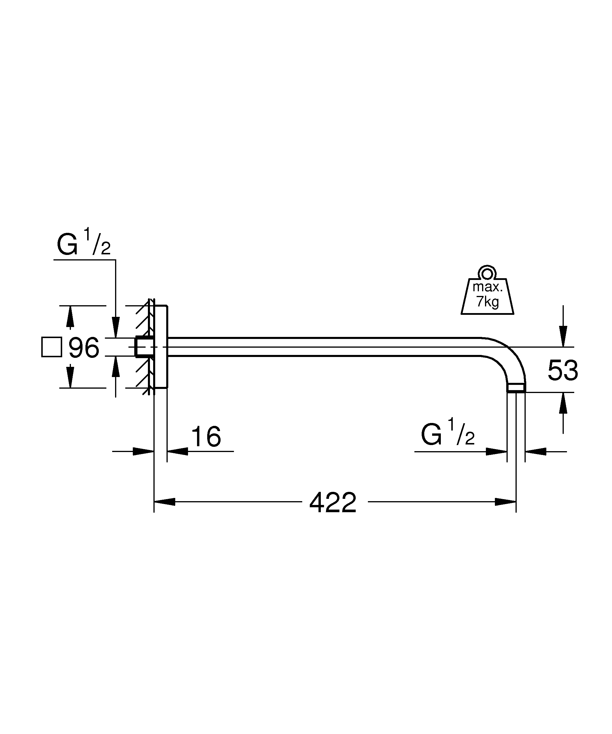 Brausearm Rainshower 26145, Ausladung 422 mm, mit eckiger Rosette, chrom