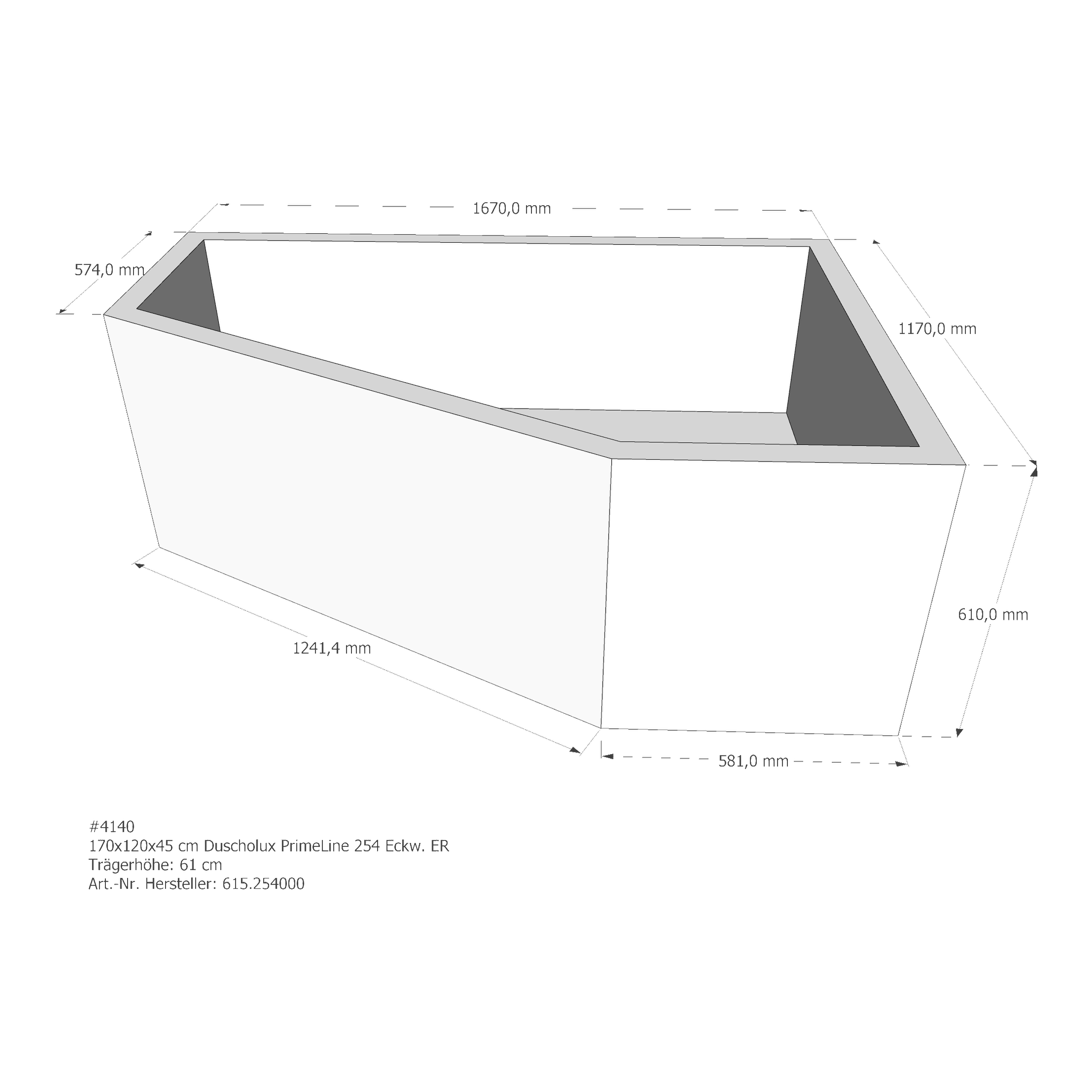 Badewannenträger für Duscholux PrimeLine 254 rechts 170 × 120 × 45 cm