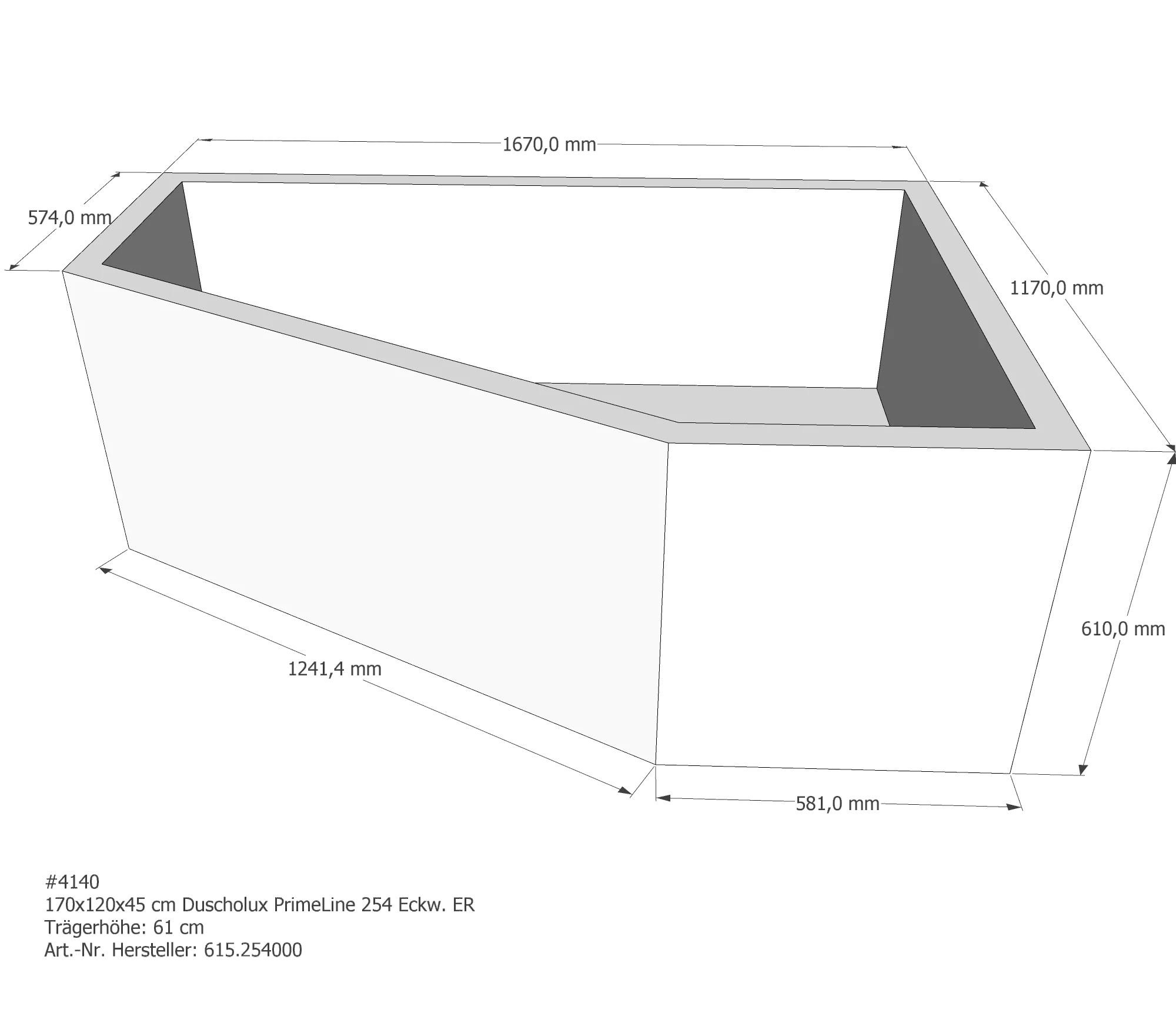 Badewannenträger für Duscholux PrimeLine 254 rechts 170 × 120 × 45 cm